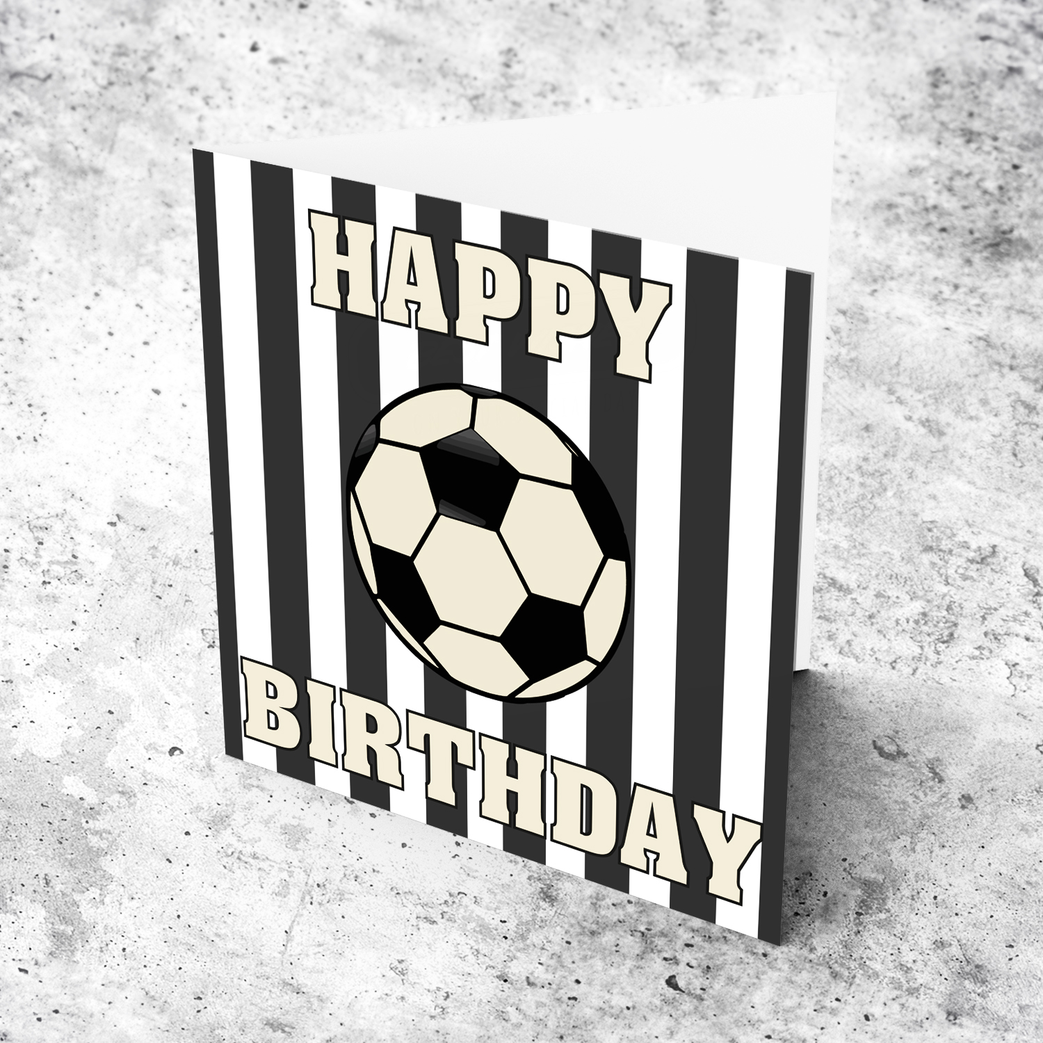 An open birthday card featuring Juventus colours - in black and white stripes in English