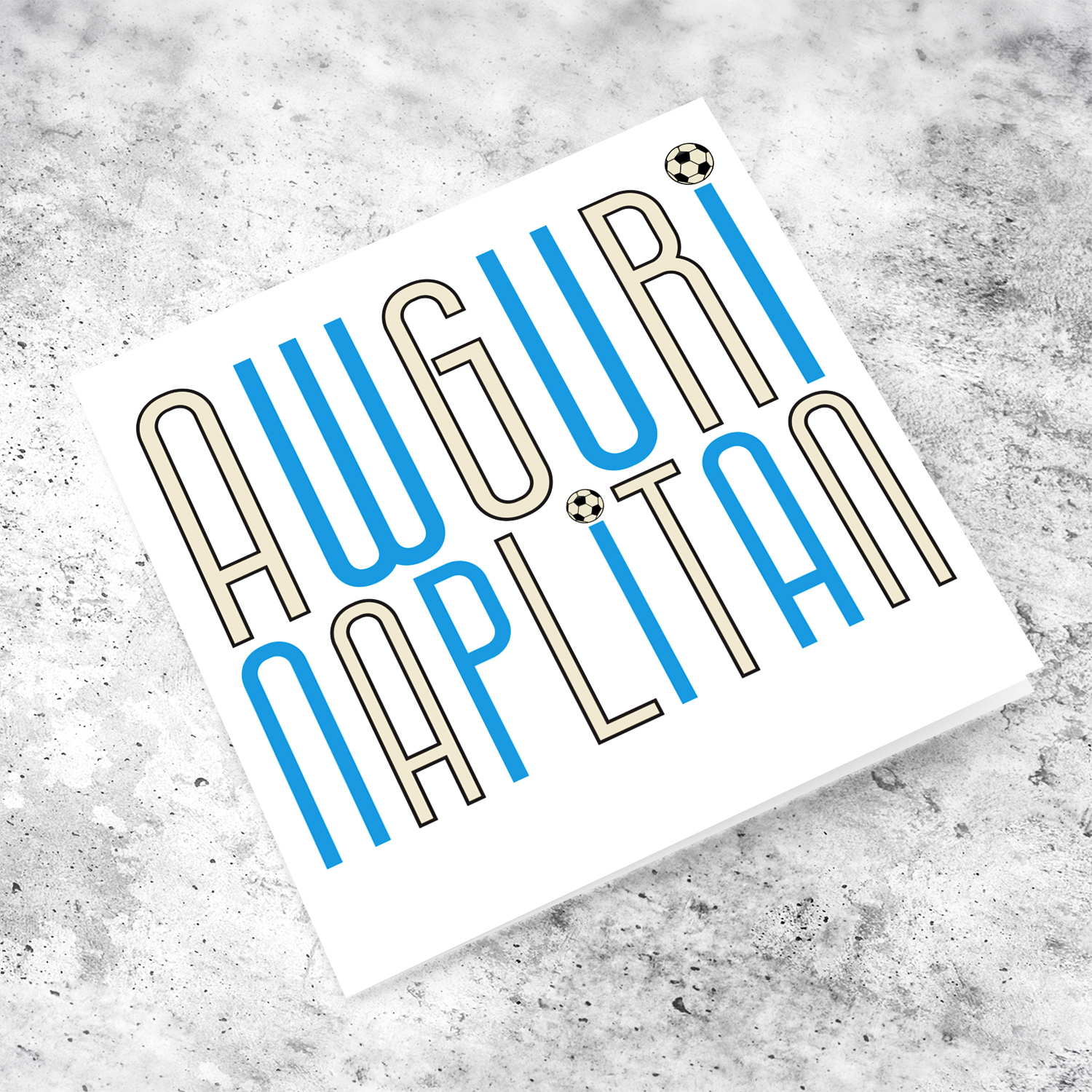 Awguri Naplitan - football card in white background and alternating text in light blue and cream in Maltese (Napoli Card)