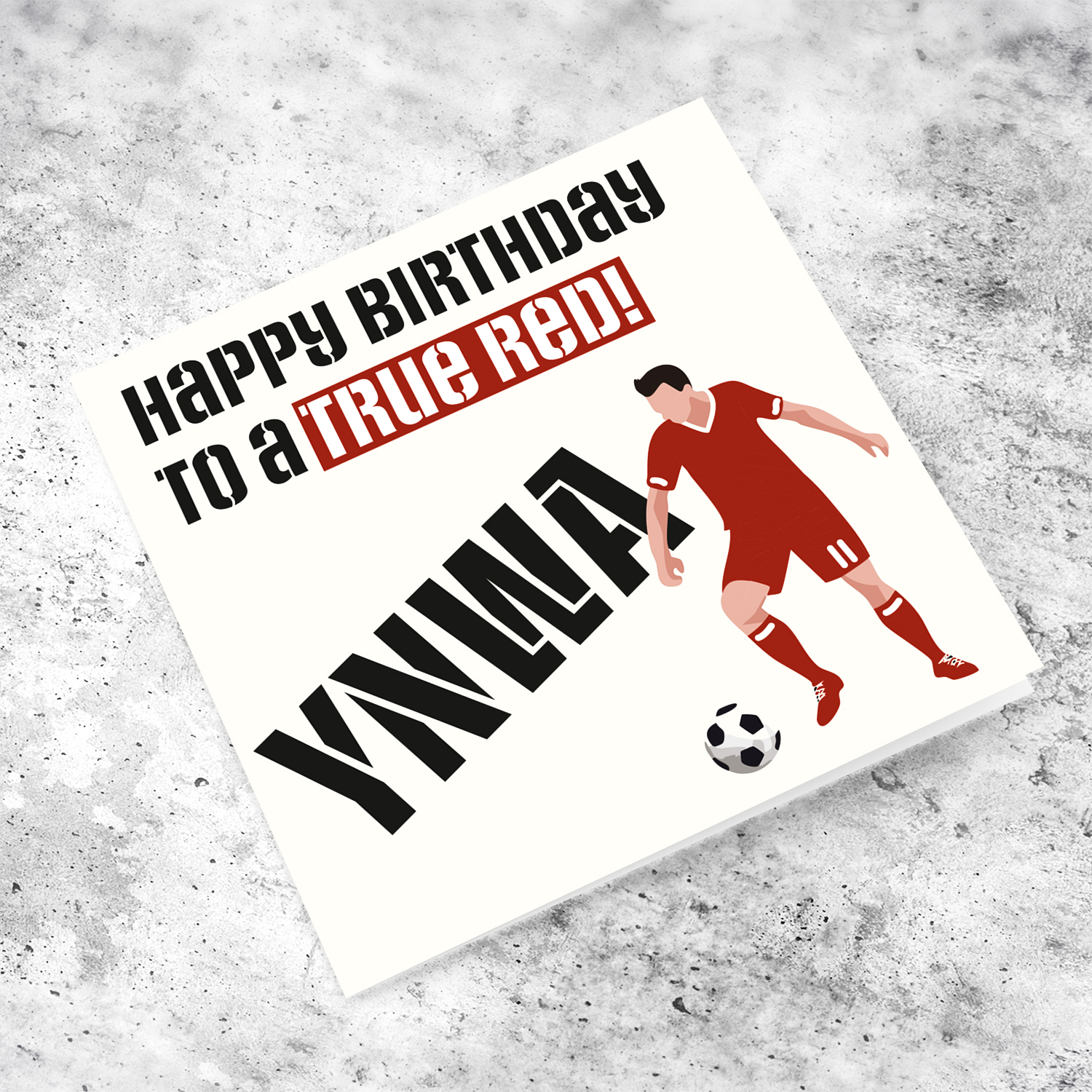 A true RED - Liverpool themed birthday card with a player wearing a red kit, in English