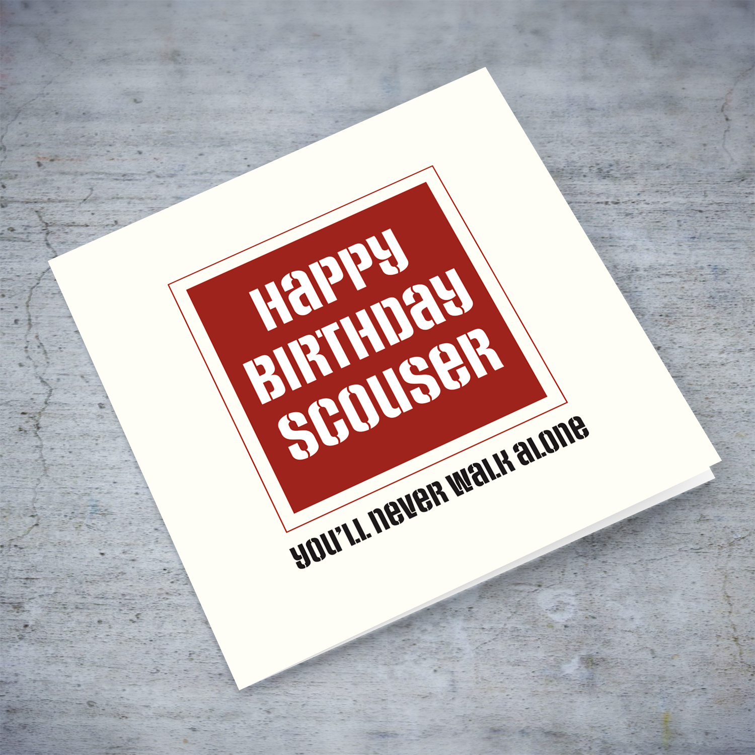 Happy Birthday Scouser - Liverpool themed birthday card, in a cream background and bright red, in English