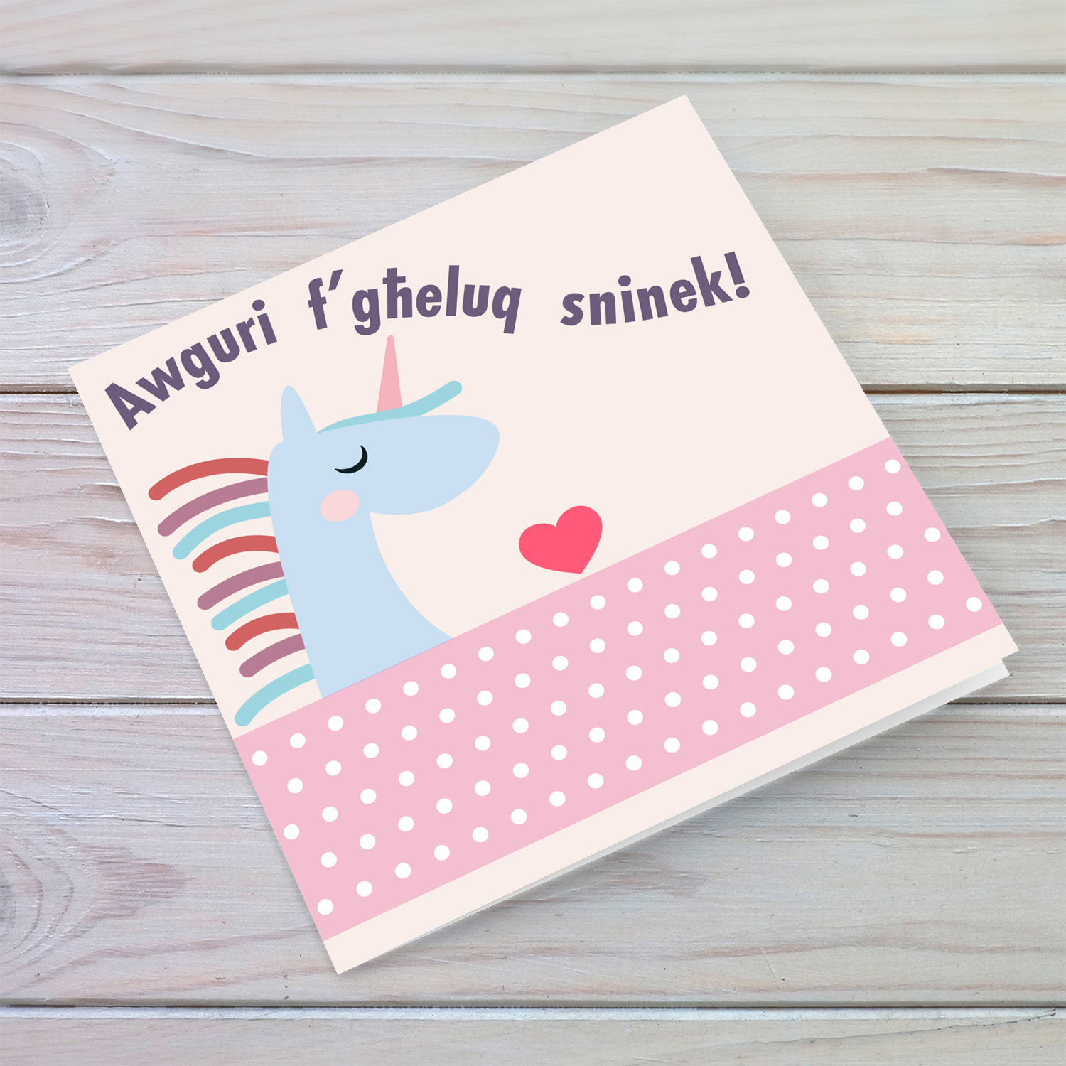 Unicorn themed birthday card for girl in Maltese