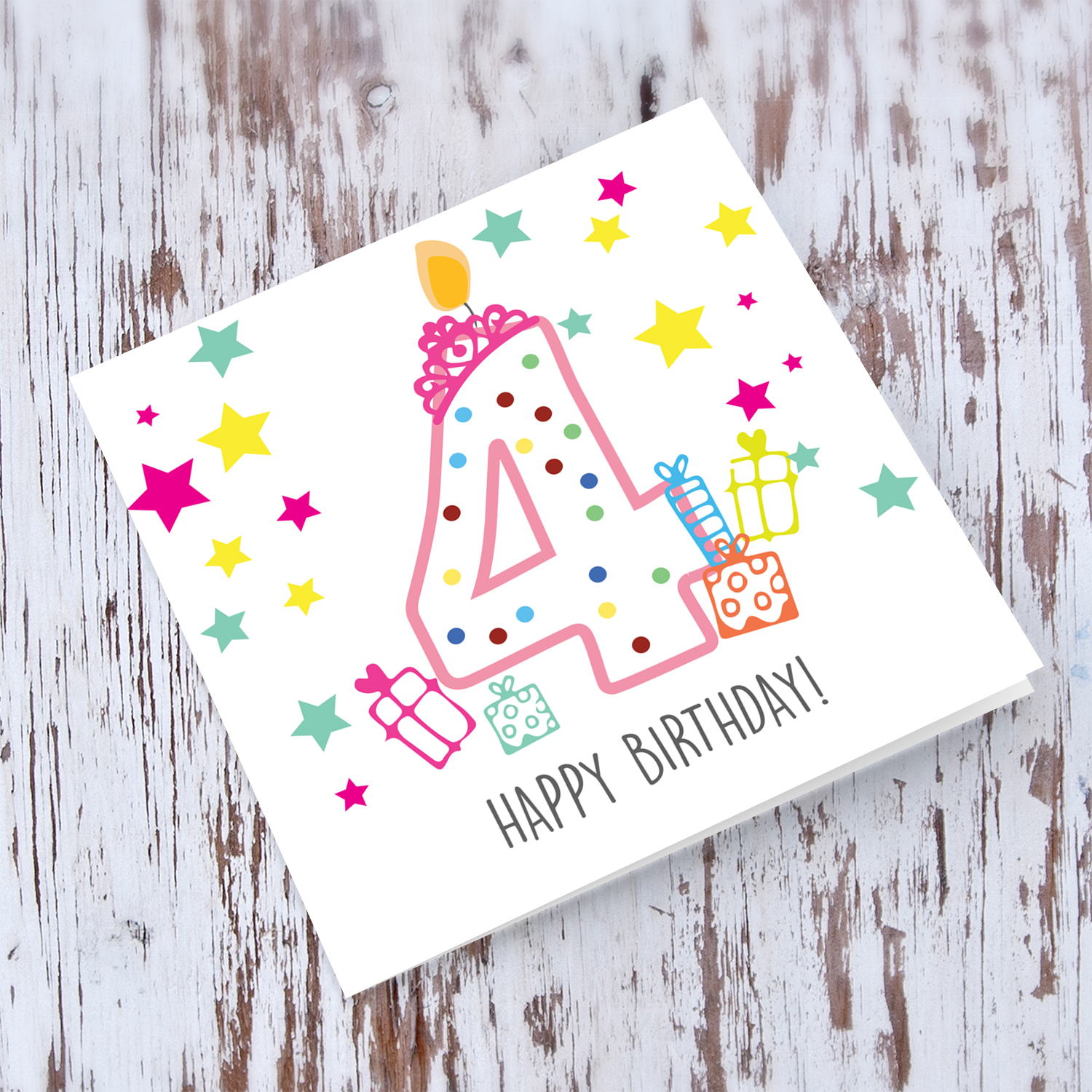 4th Birthday card for girls with crown and candle, with colourful stars and gifts in English