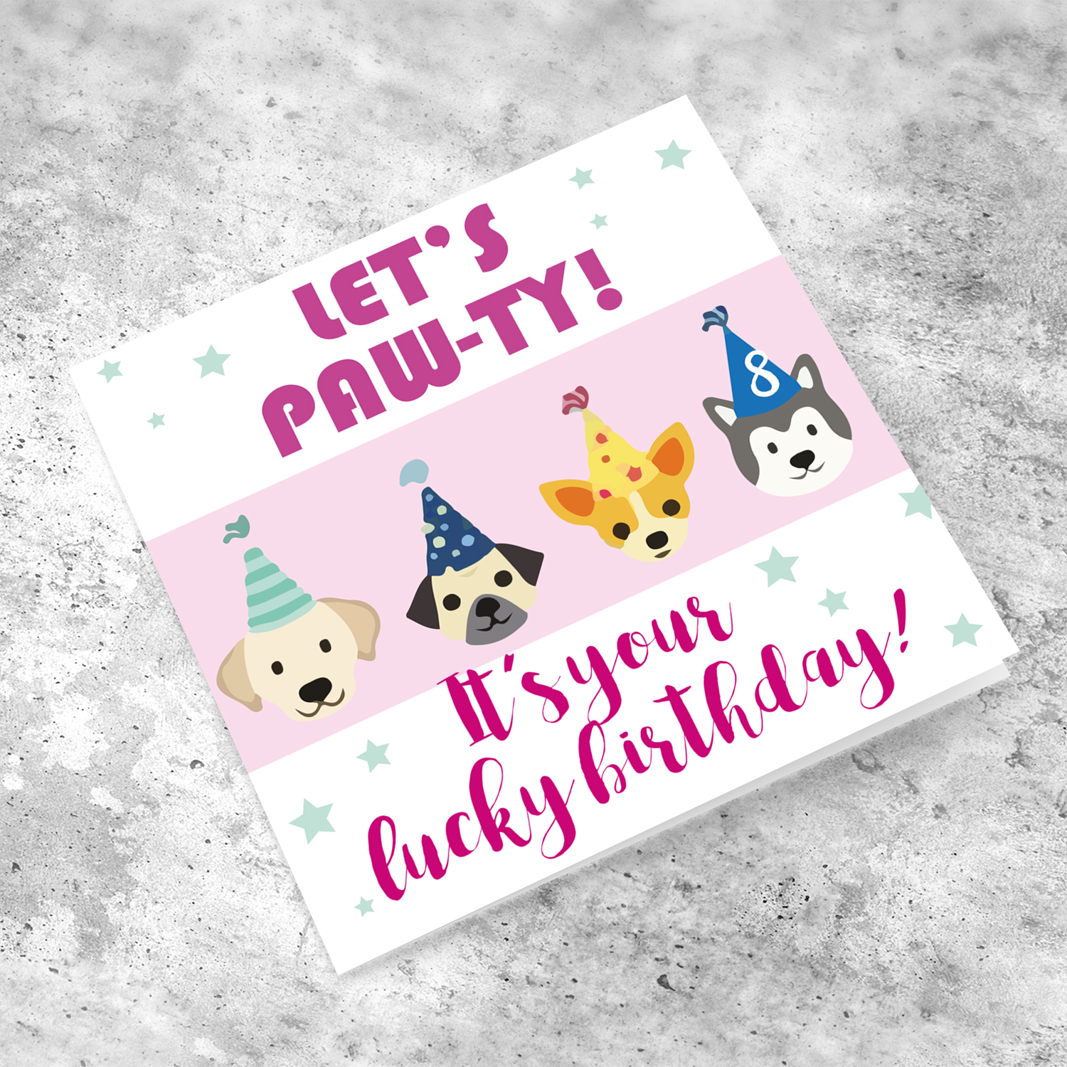 Lucky birthday dog themed birthday card in English