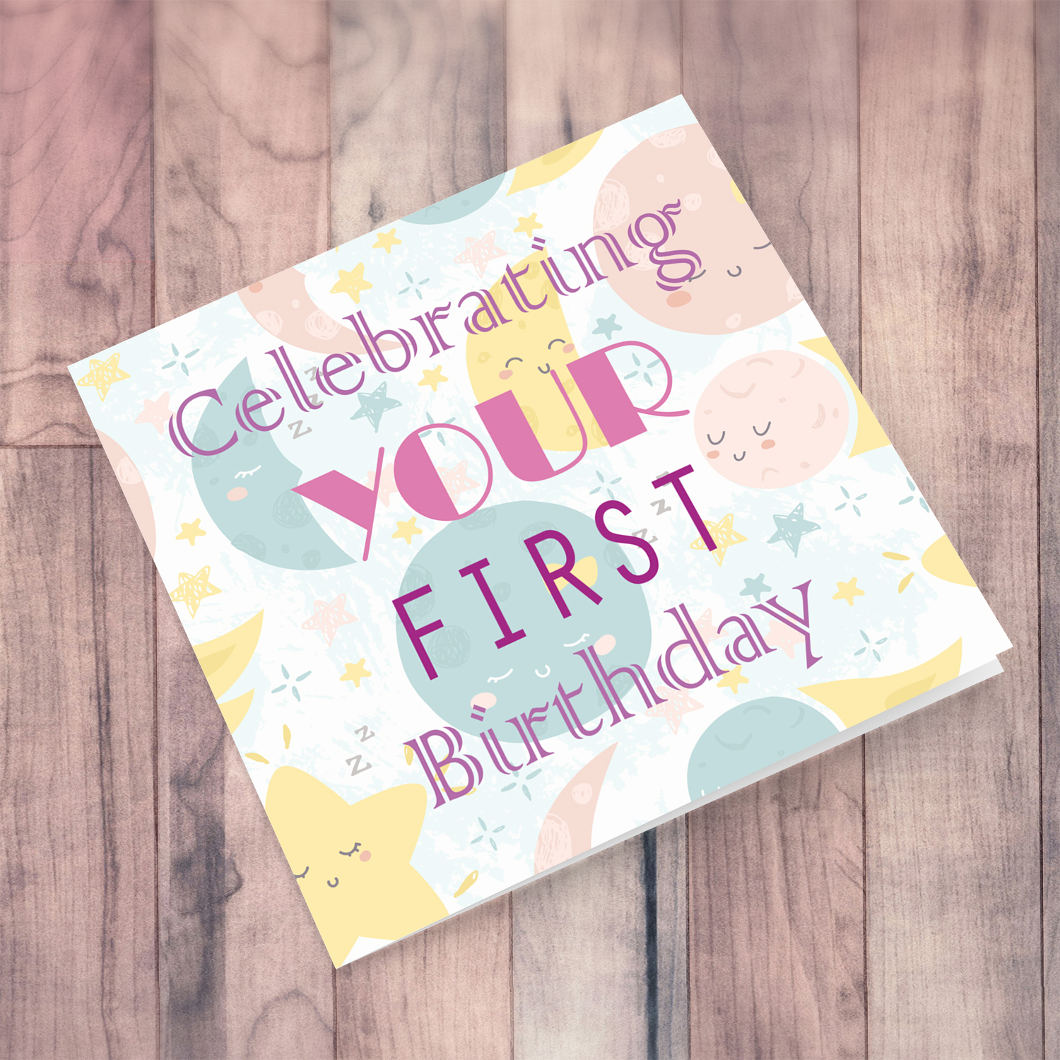 First birthday card with moon and stars background for girls