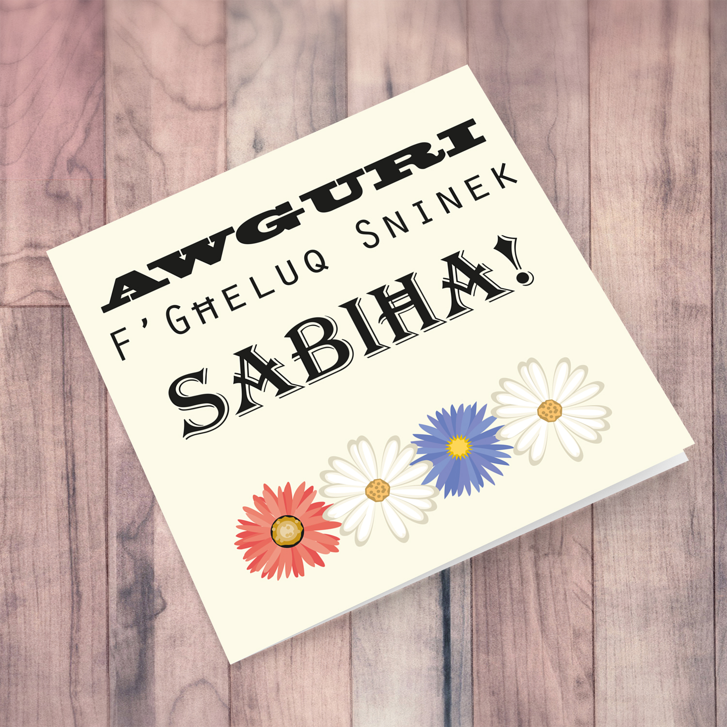 Flower themed birthday card in Maltese