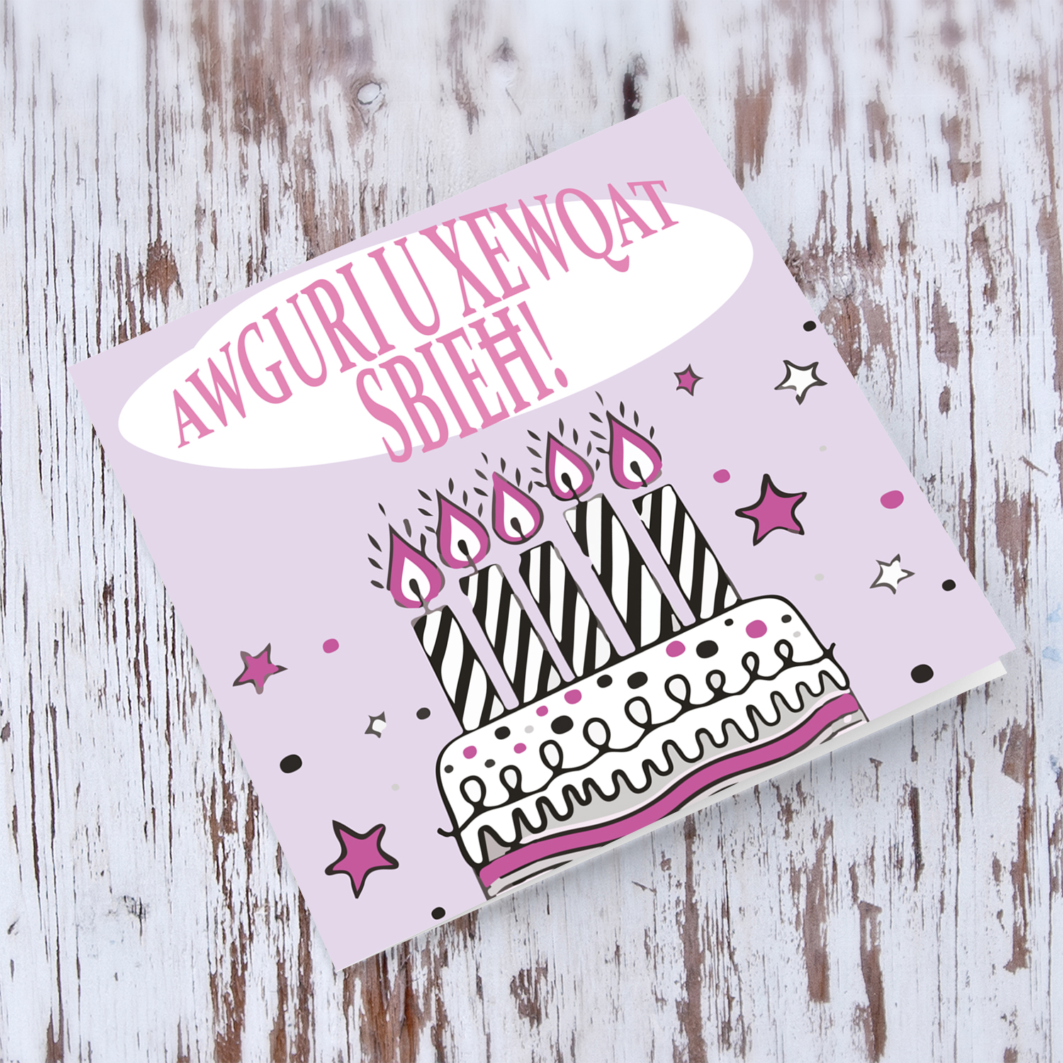 Birthday cake with candles card in pink tones - Maltese