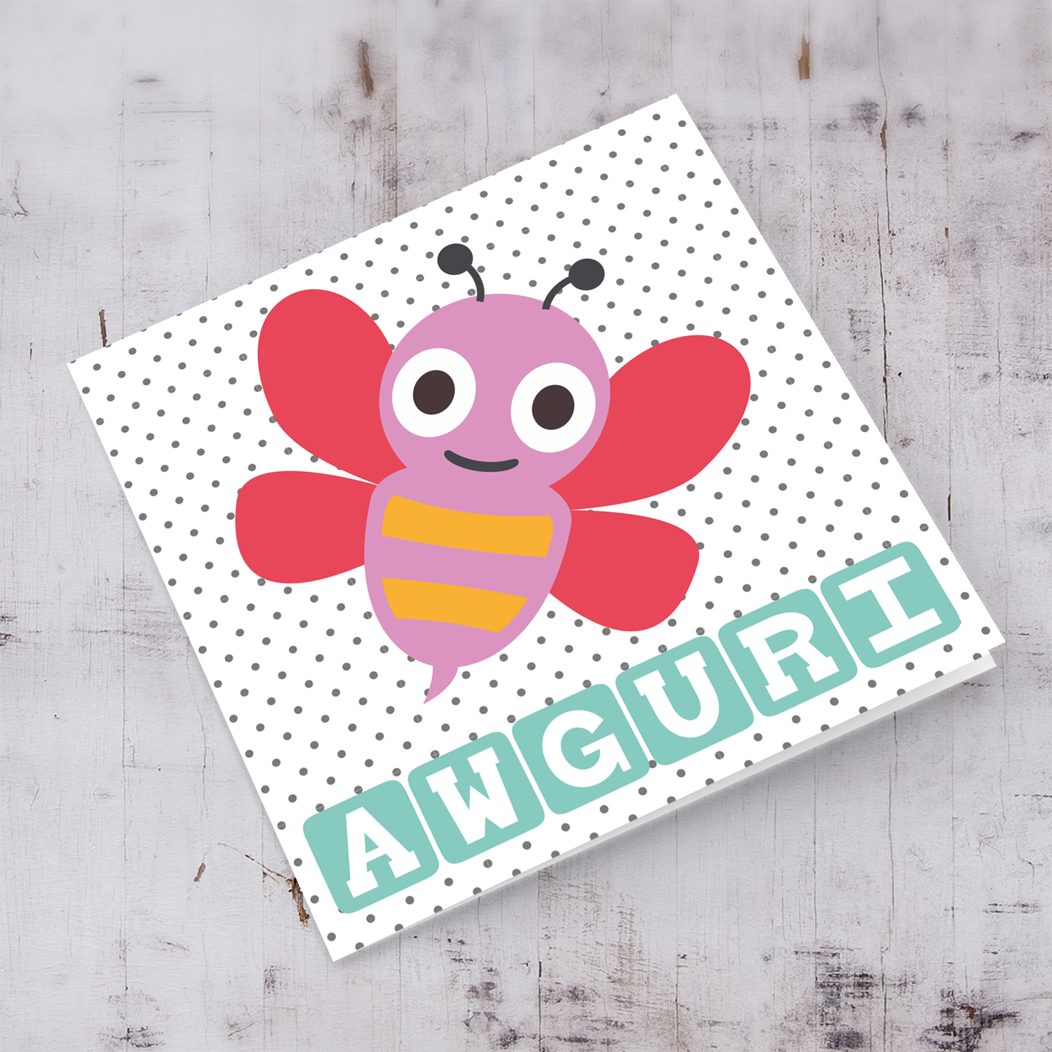 Cute colourful butterfly with polka dot background birthday card for girl in Maltese