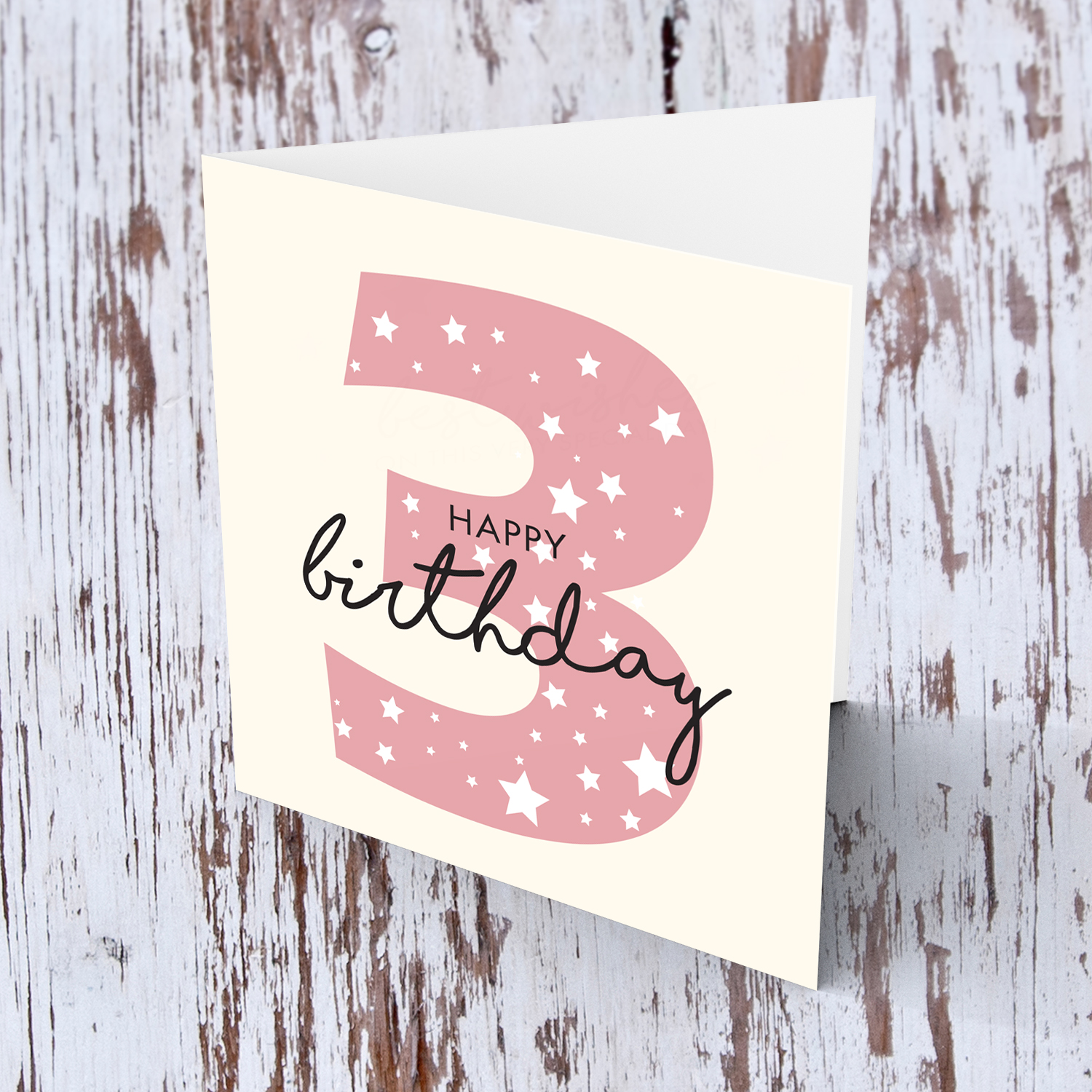 Pink number 3 with scattered white hearts birthday card in English