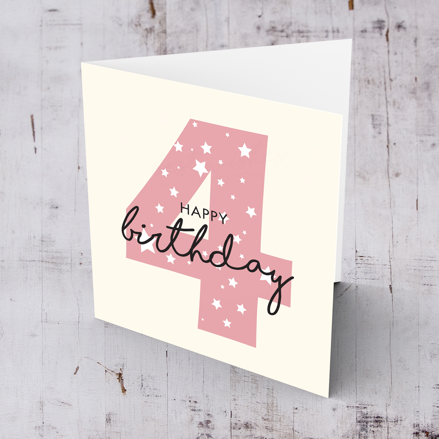 Pink number 4 with scattered white hearts birthday card in English