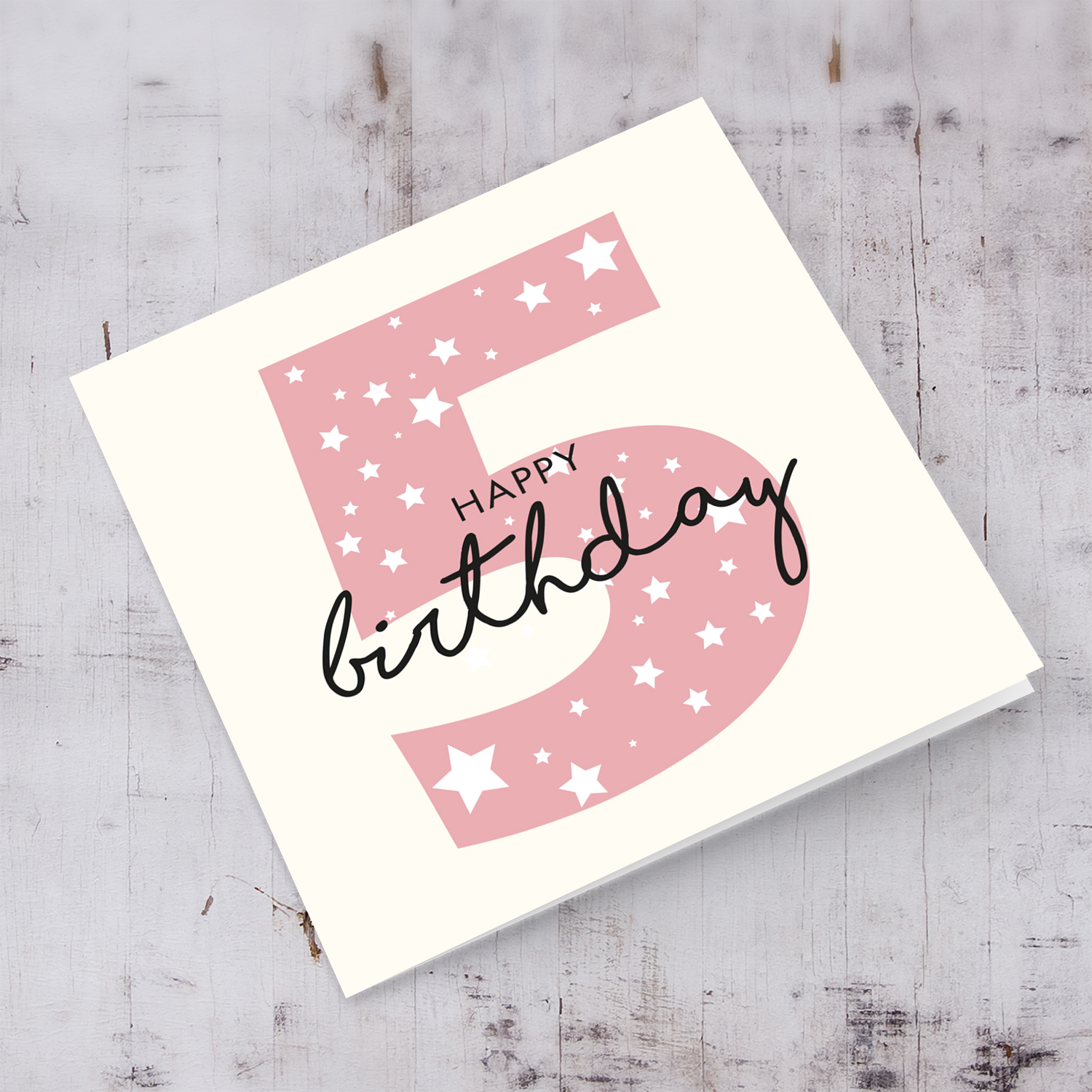 Pink number 5 with scattered white hearts birthday card in English
