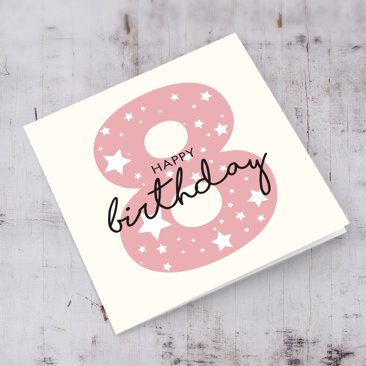 Pink number 8 with scattered white hearts birthday card in English