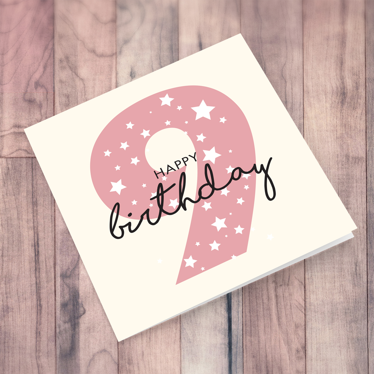 Pink number 9 with scattered white hearts birthday card in English
