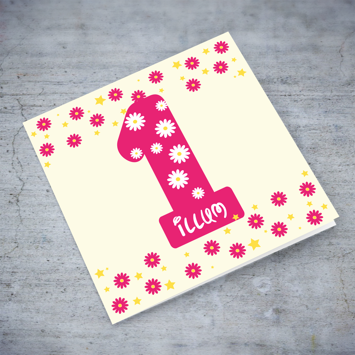 1 - Cute bright pink number 1 card with scattered flowers in Maltese