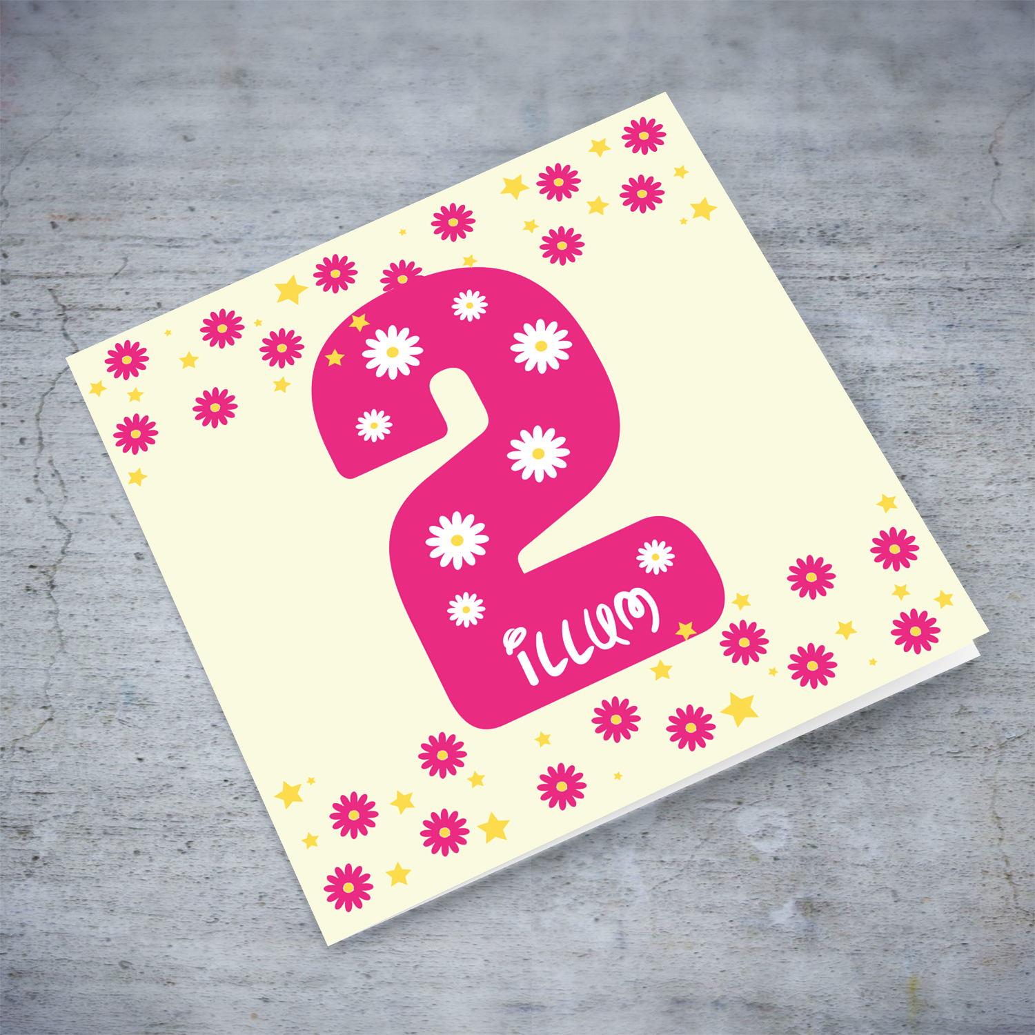 2 - Cute bright pink number 2 card with scattered flowers in Maltese