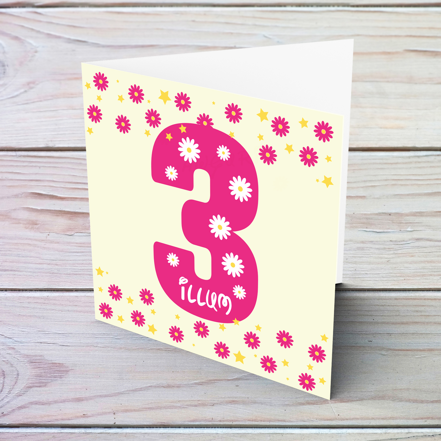 3 - Cute bright pink number 3 card with scattered flowers in Maltese