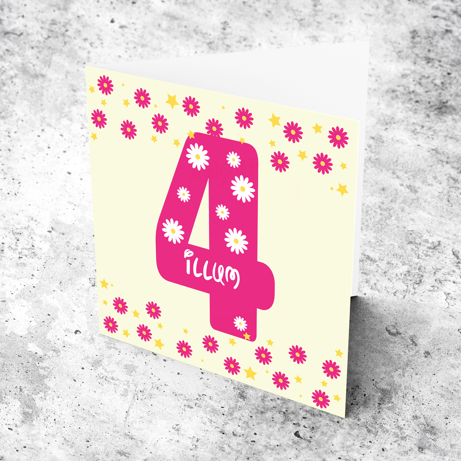 4 - Cute bright pink number 4 card with scattered flowers in Maltese