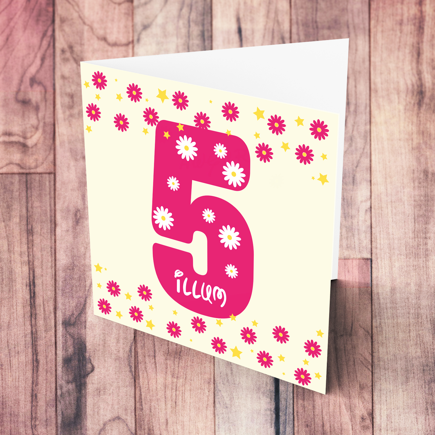 5 - Cute bright pink number 5 card with scattered flowers in Maltese
