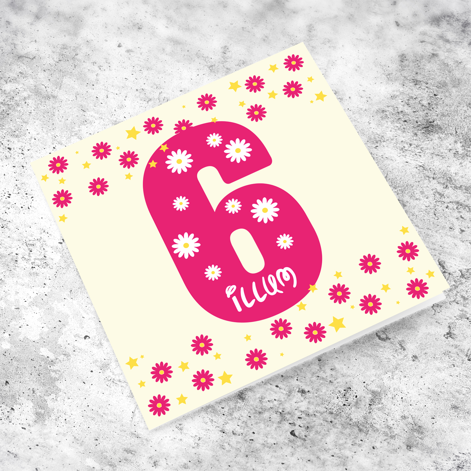 6 - Cute bright pink number 6 card with scattered flowers in Maltese