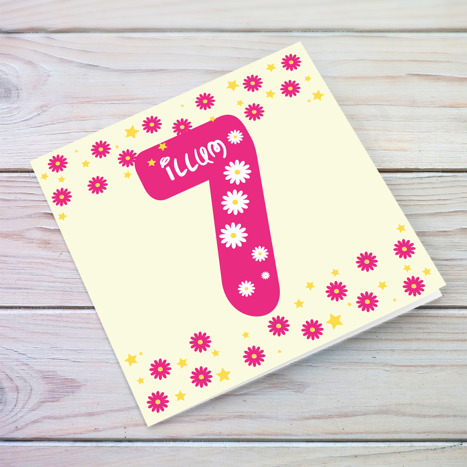7 - Cute bright pink number 7 card with scattered flowers in Maltese