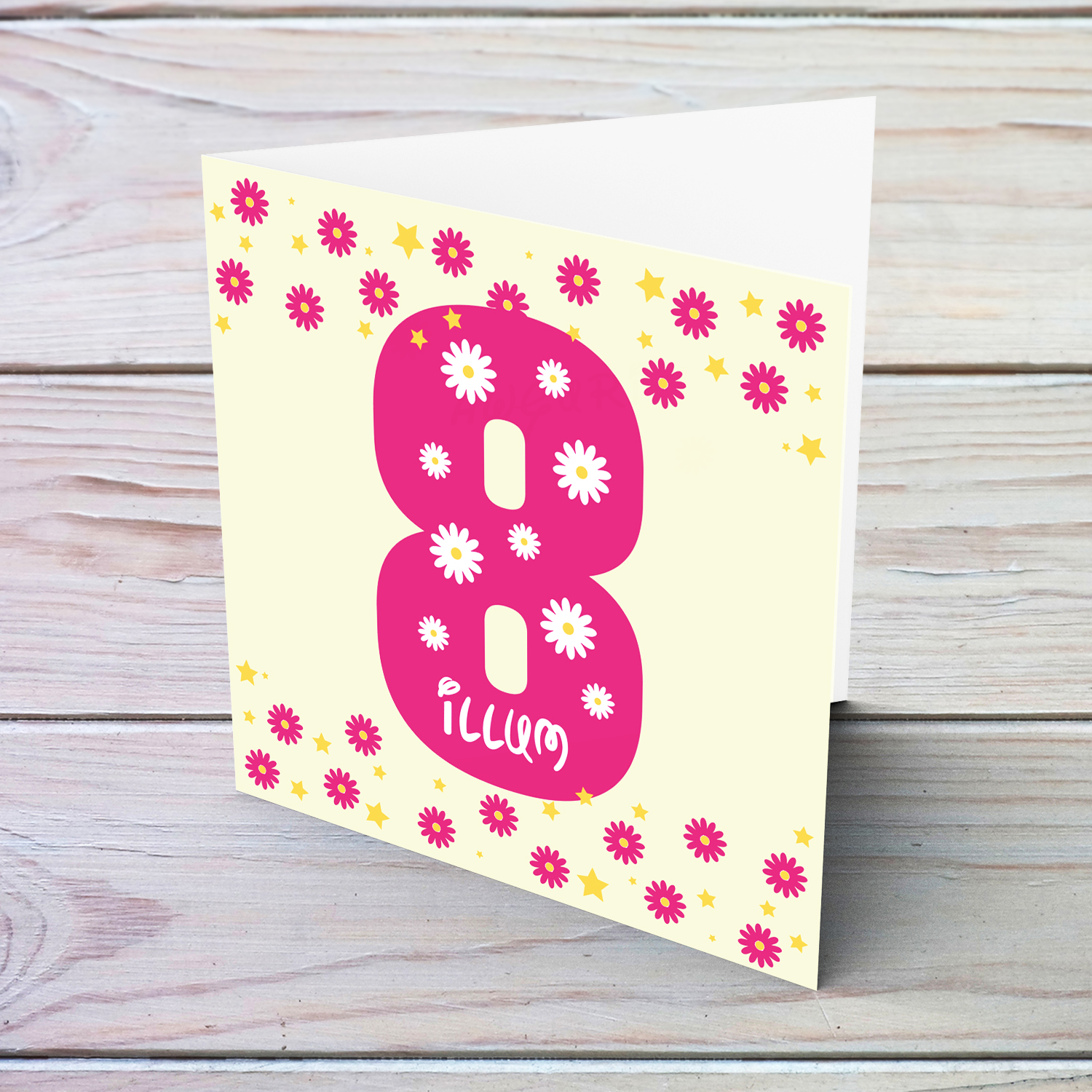 8 - Cute bright pink number 8 card with scattered flowers in Maltese