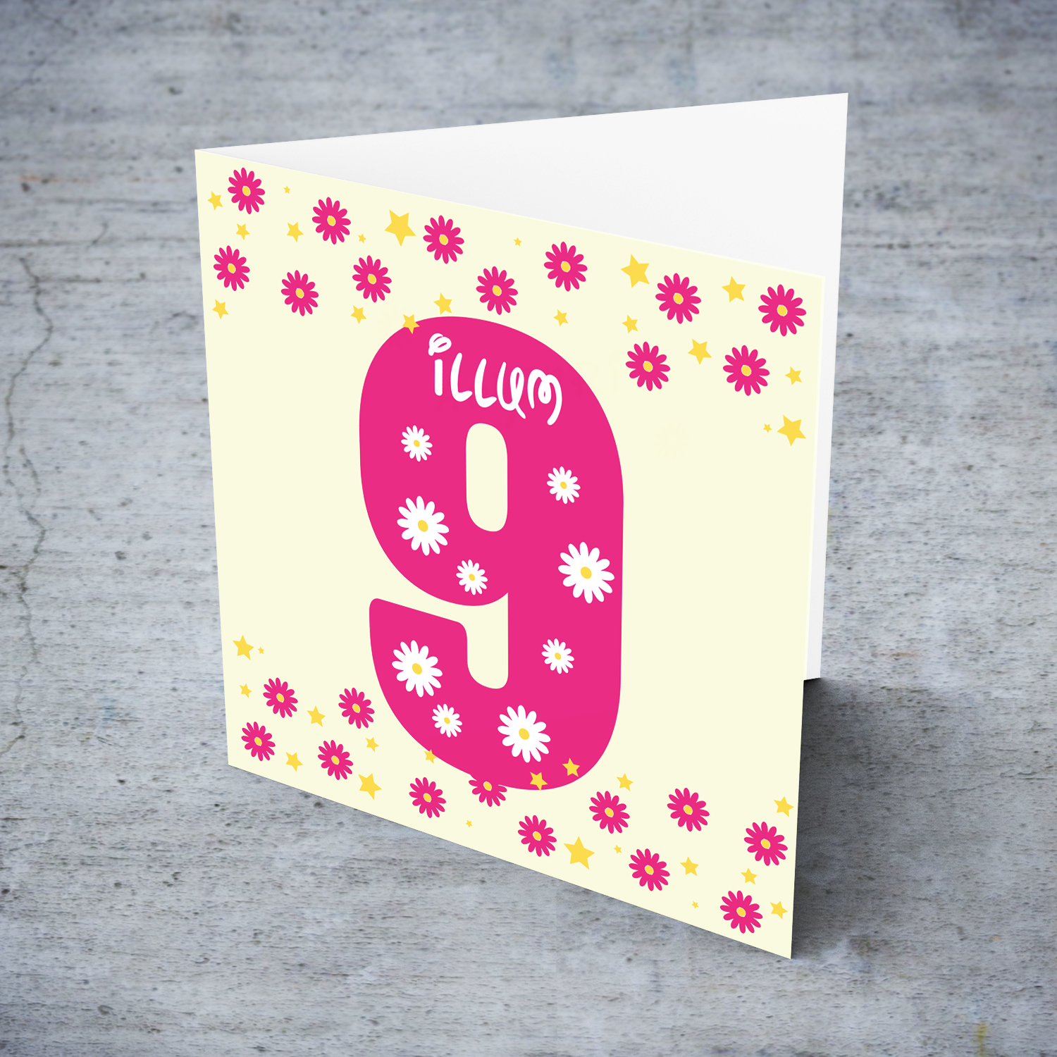 9 - Cute bright pink number 9 card with scattered flowers in Maltese