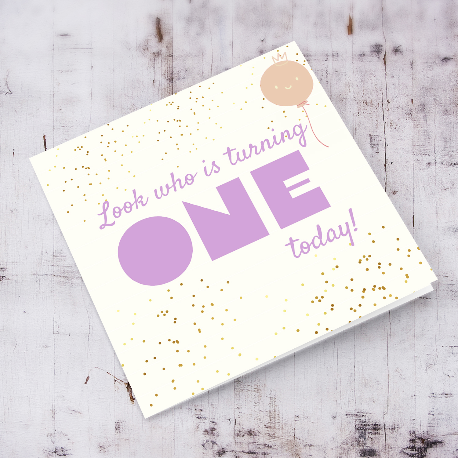 Look who's turning ONE - birthday card with purple text with cute balloon in English