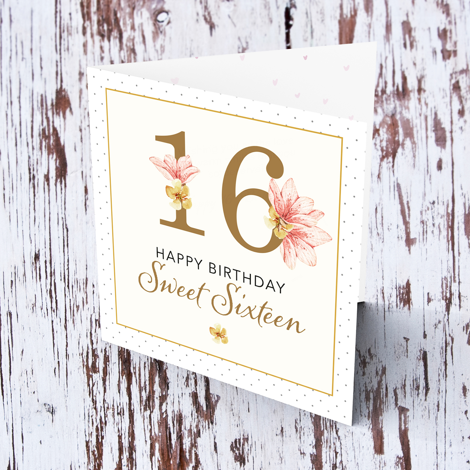 Sweet 16 birthday card in gold and light colours in English