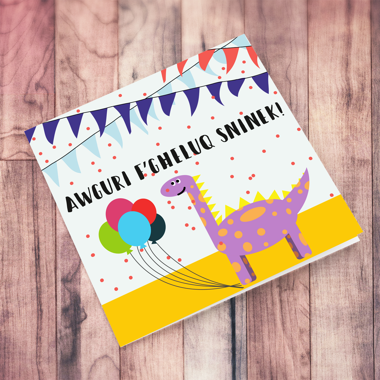 Dinosaur themed birthday card with balloons and bunting for girls in Maltese