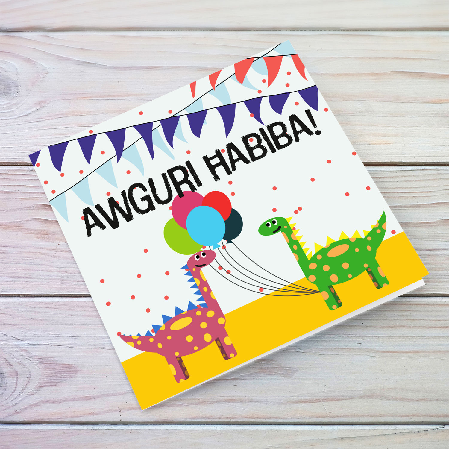 Dinosaur themed birthday card for friend (female) in Maltese