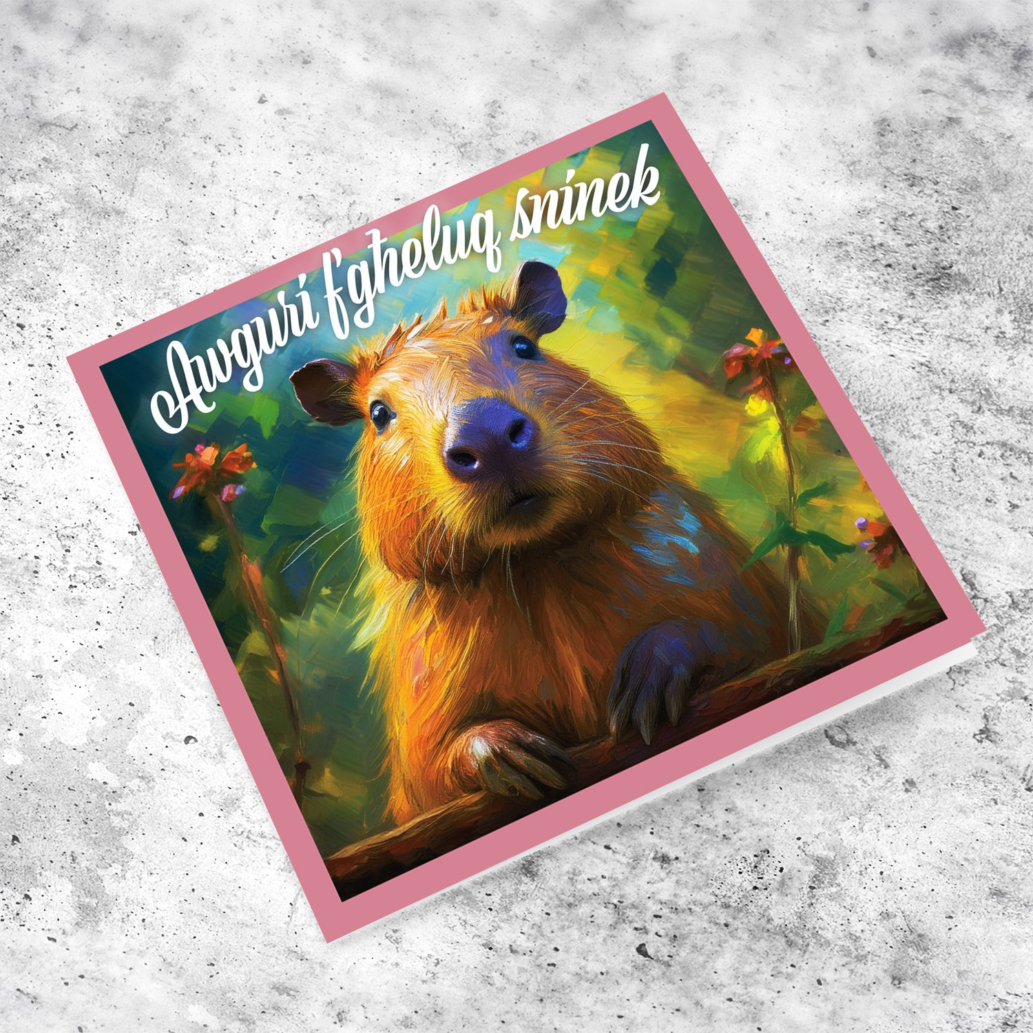 A cute birthday card featuring a painting of a capybara in Maltese