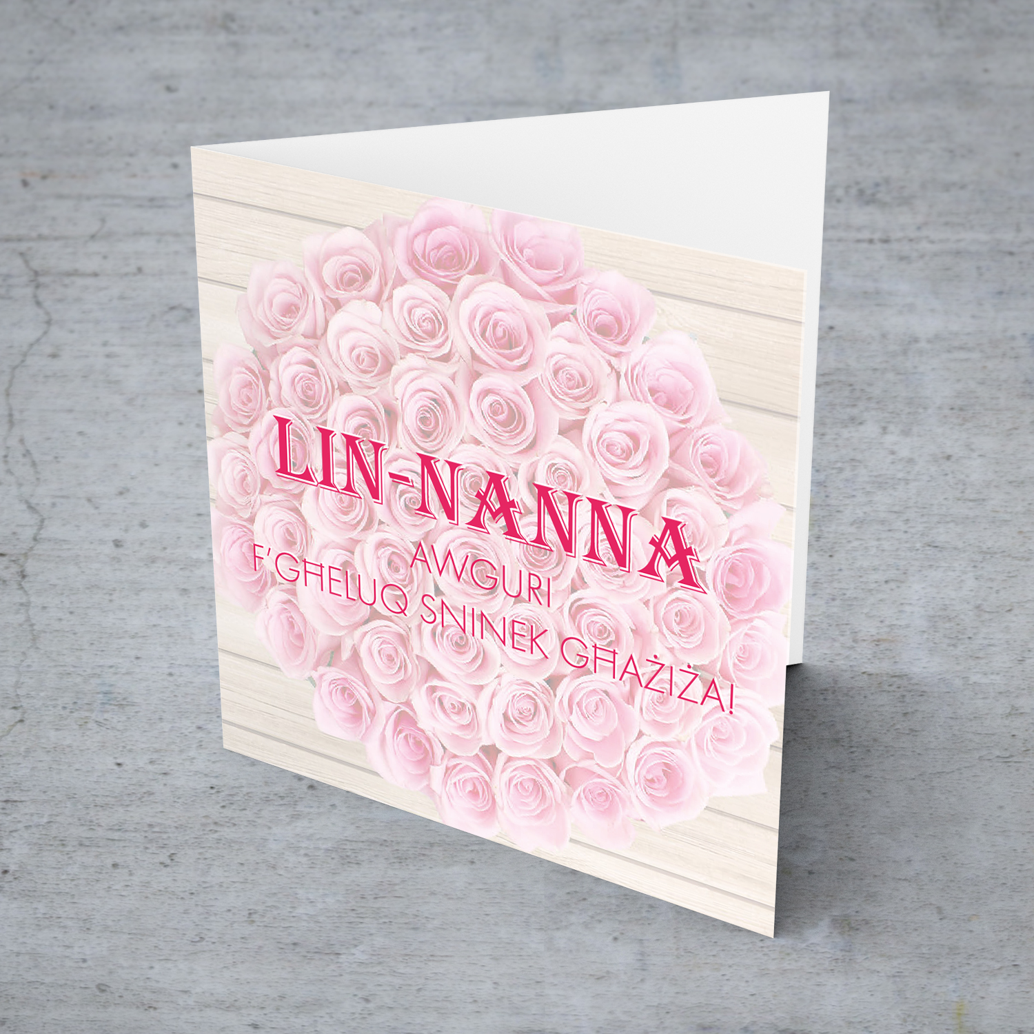 Pink flower themed birthday card for grandmother in Maltese