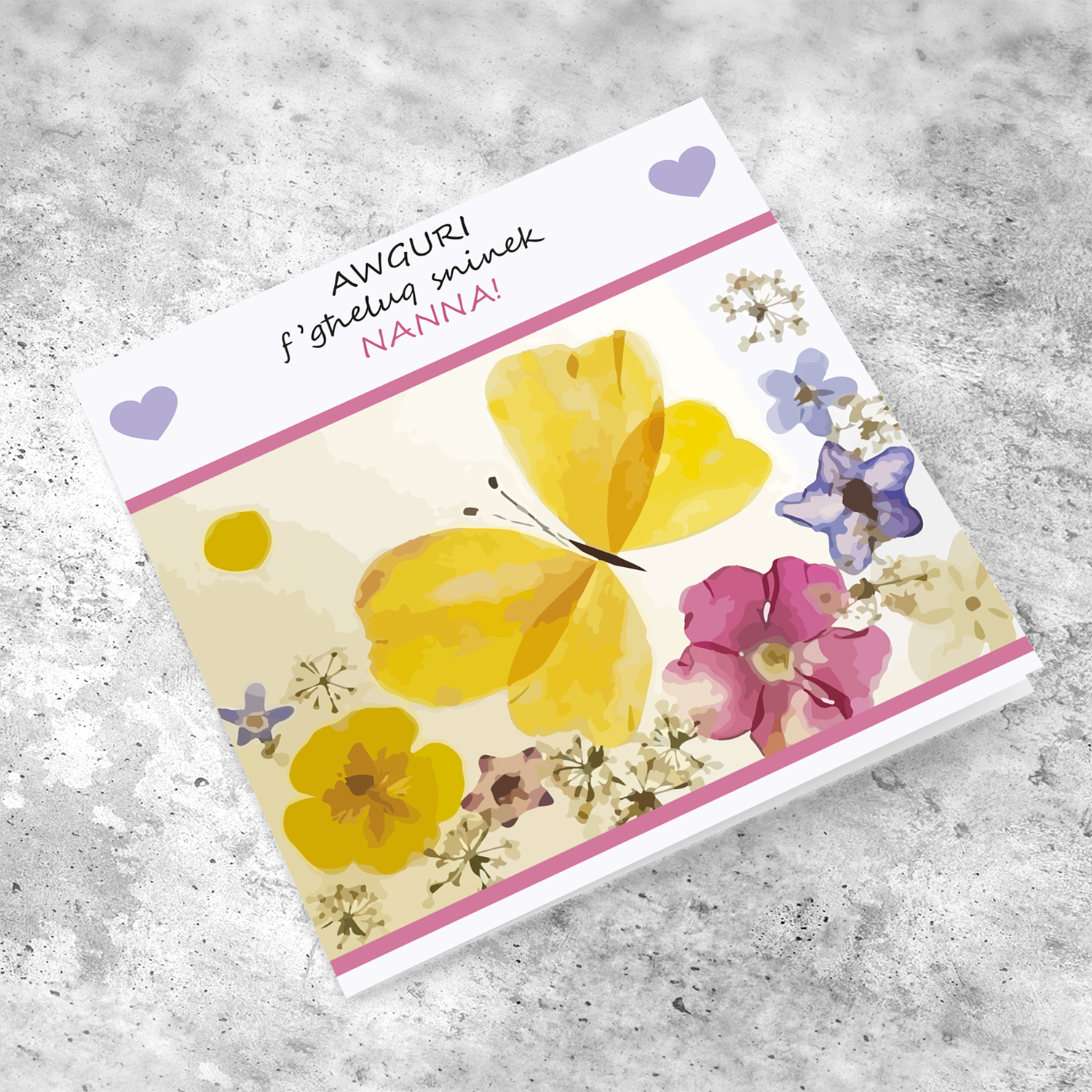 Flowers and yellow butterfly birthday card for Grandma in Maltese