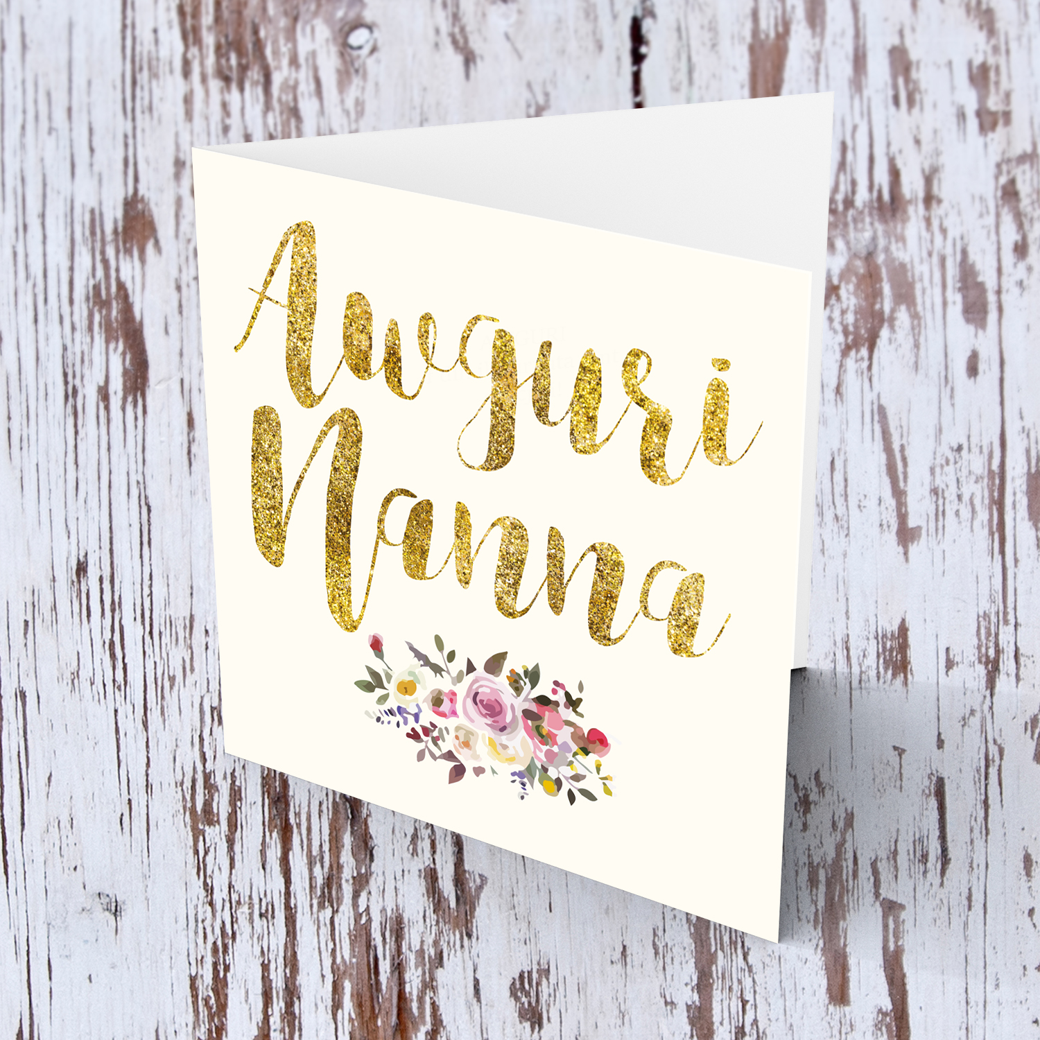 Golden glitter birthday card for Grandma with flowers in Maltese