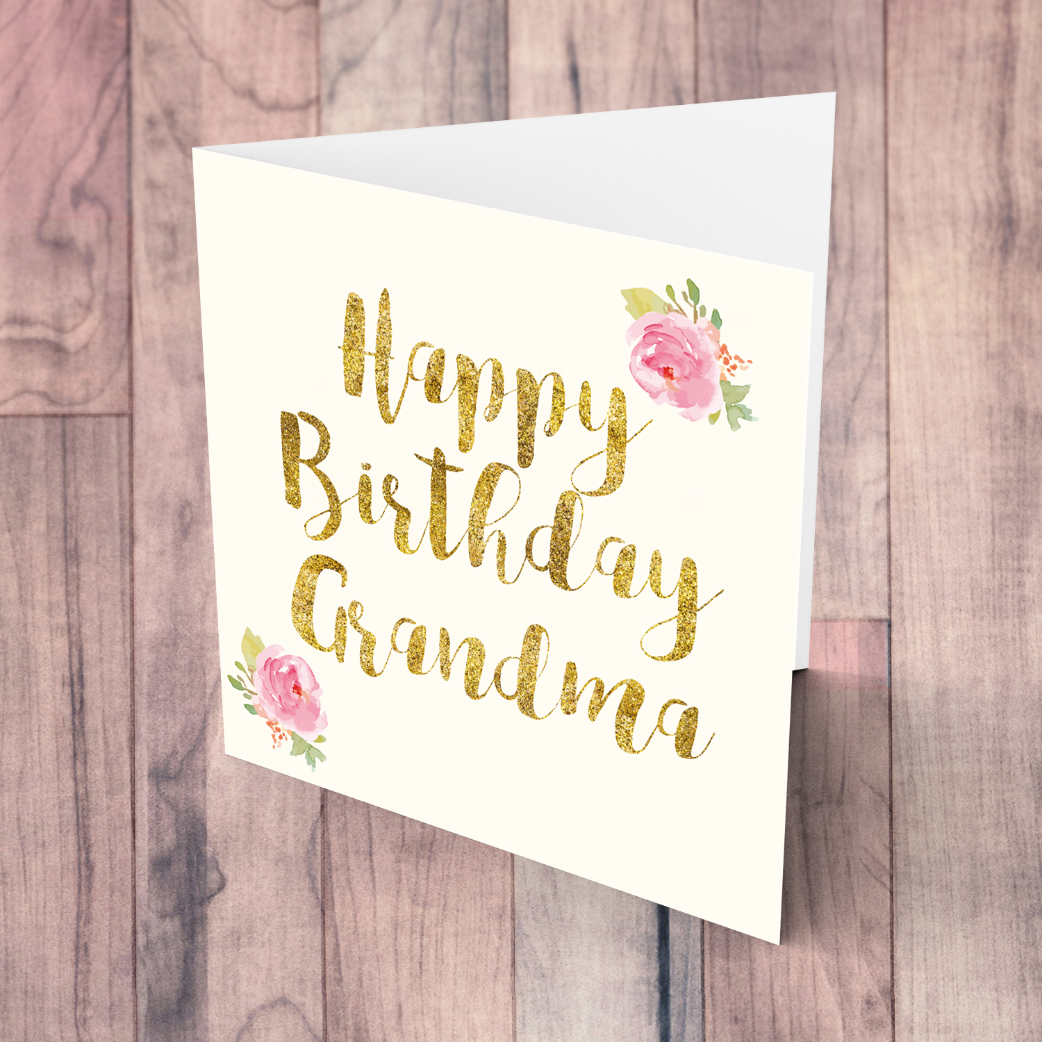 Golden glitter birthday card for Grandma with flowers in English
