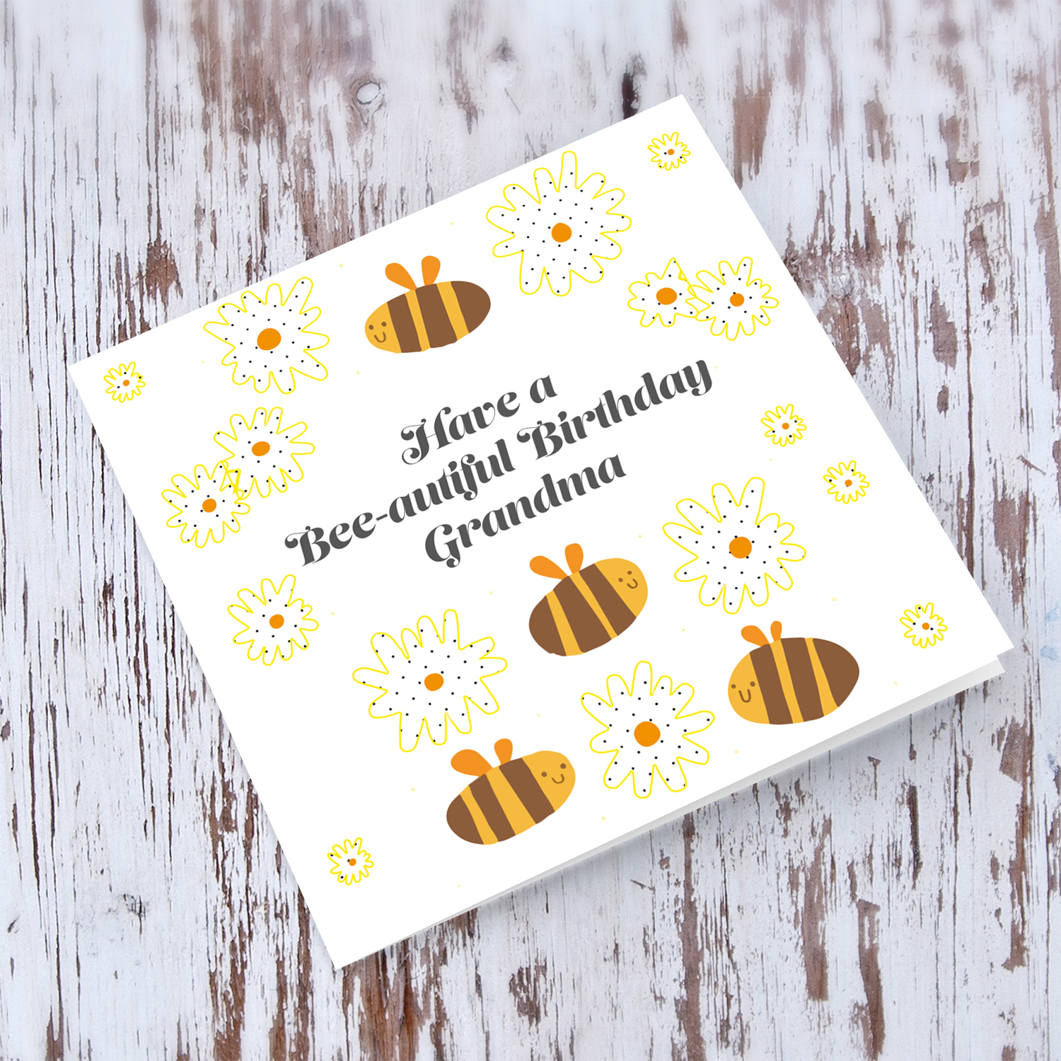Cute bee themed birthay card for Grandma with spotted flowers in English