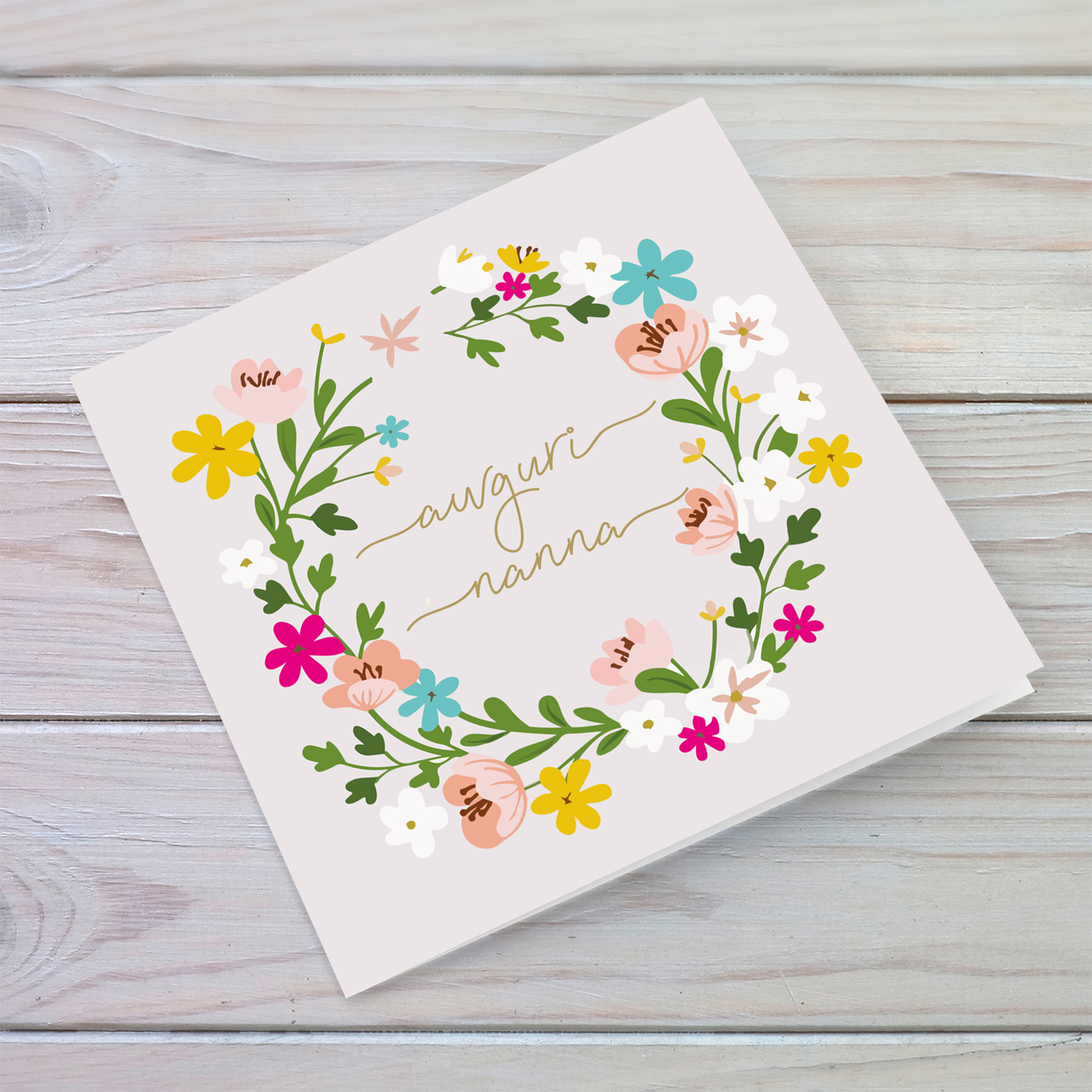 Colourful floral themed birthday card with light pink background for grandma in Maltese