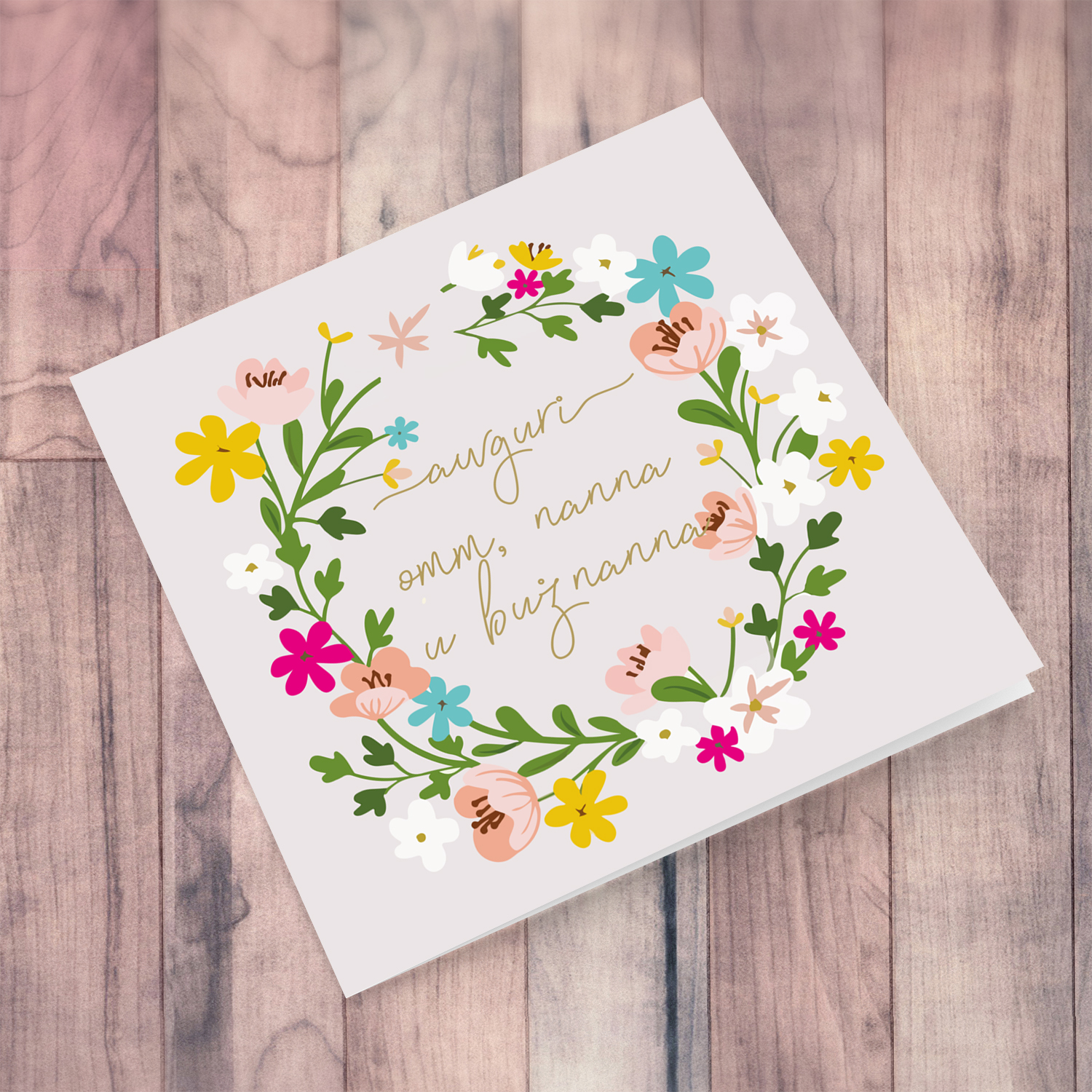 Colourful floral themed birthday card with light pink background for mother, Grandma & Great-Grandma in Maltese
