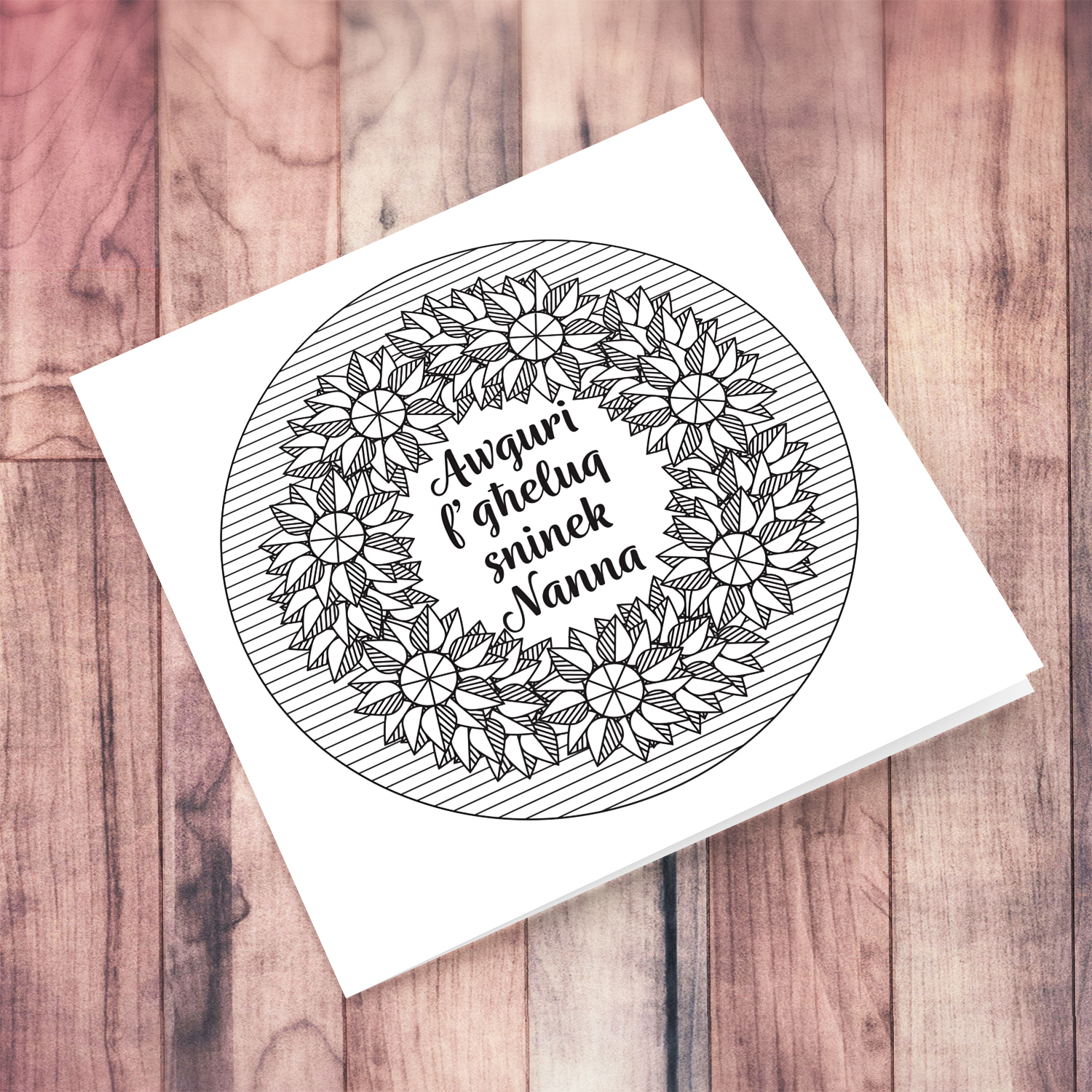Colouring card for Grandma / Nanna with geometric flowers and striped circle background in Maltese