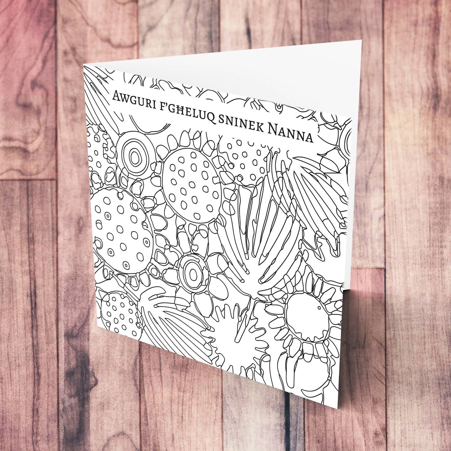 Colouring birthday card full of flowers and leaves for Nanna / Grandma in Maltese 