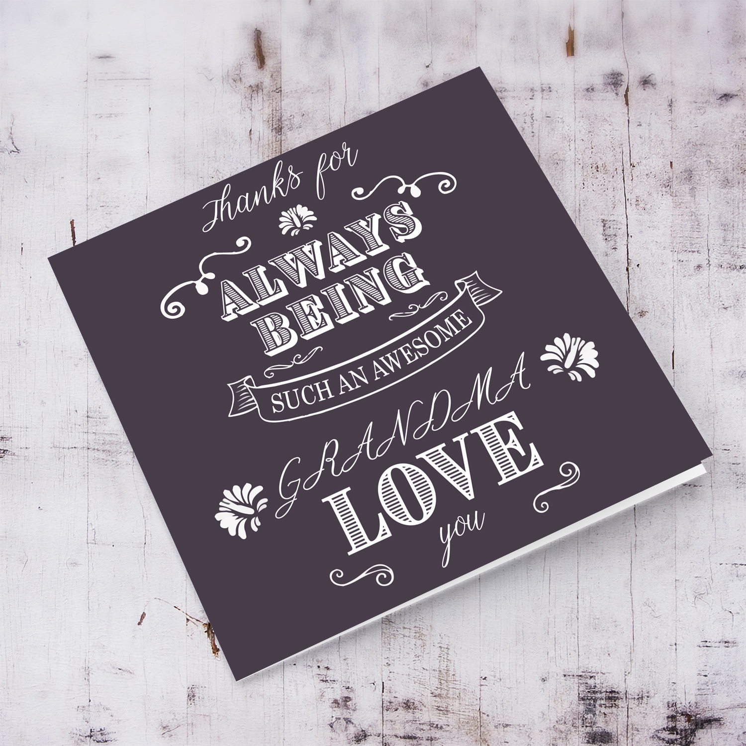 Grandma birthday card in dark purple background and white text in English