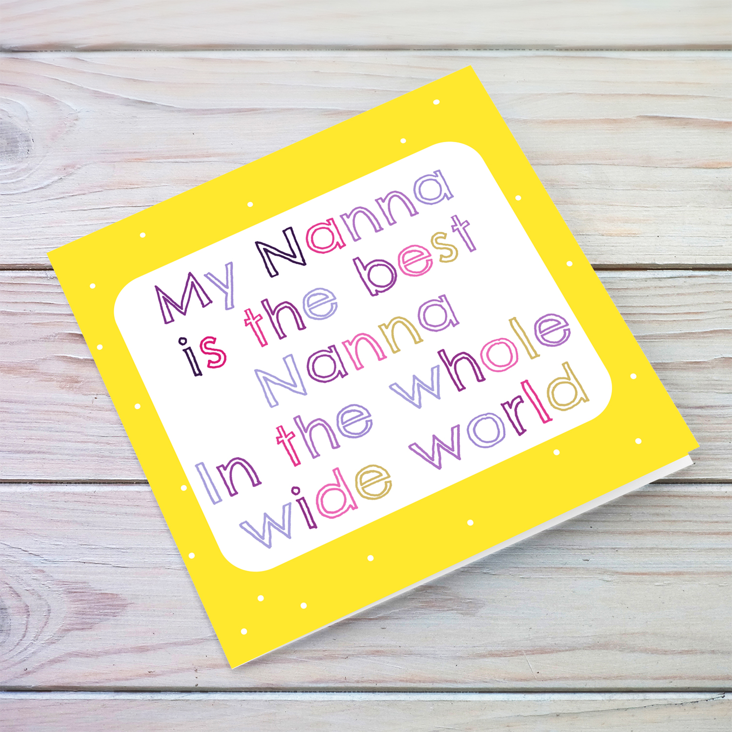 Colourful and fun yellow spotty background birthday card for Grandma / Nanna  in English
