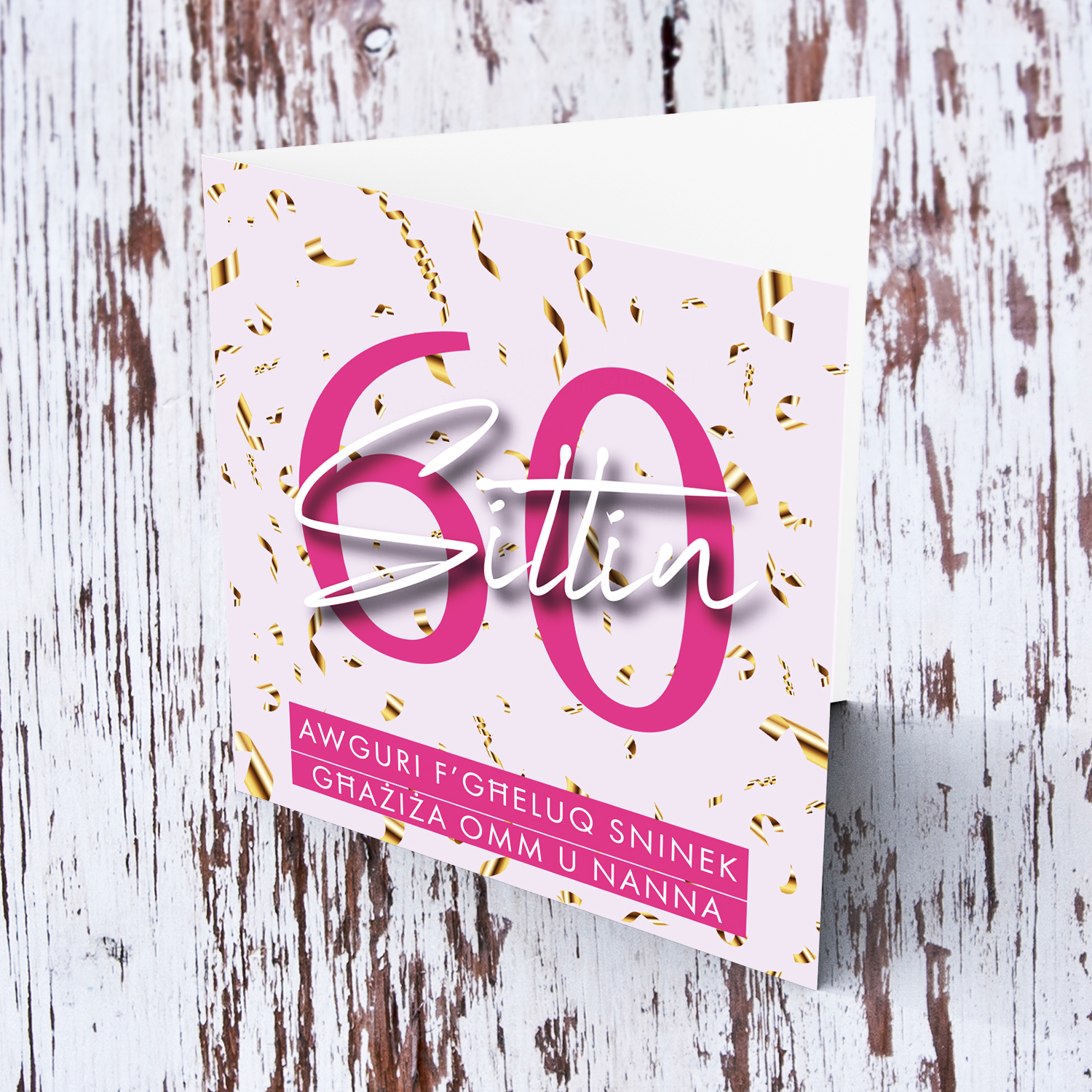 60th birthday card for mum & grandma in light pink background, golden confetti in Maltese