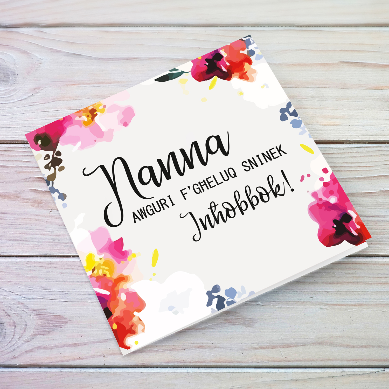 Watercolour flowers background Birthday Card for Grandma in Maltese (Singular)