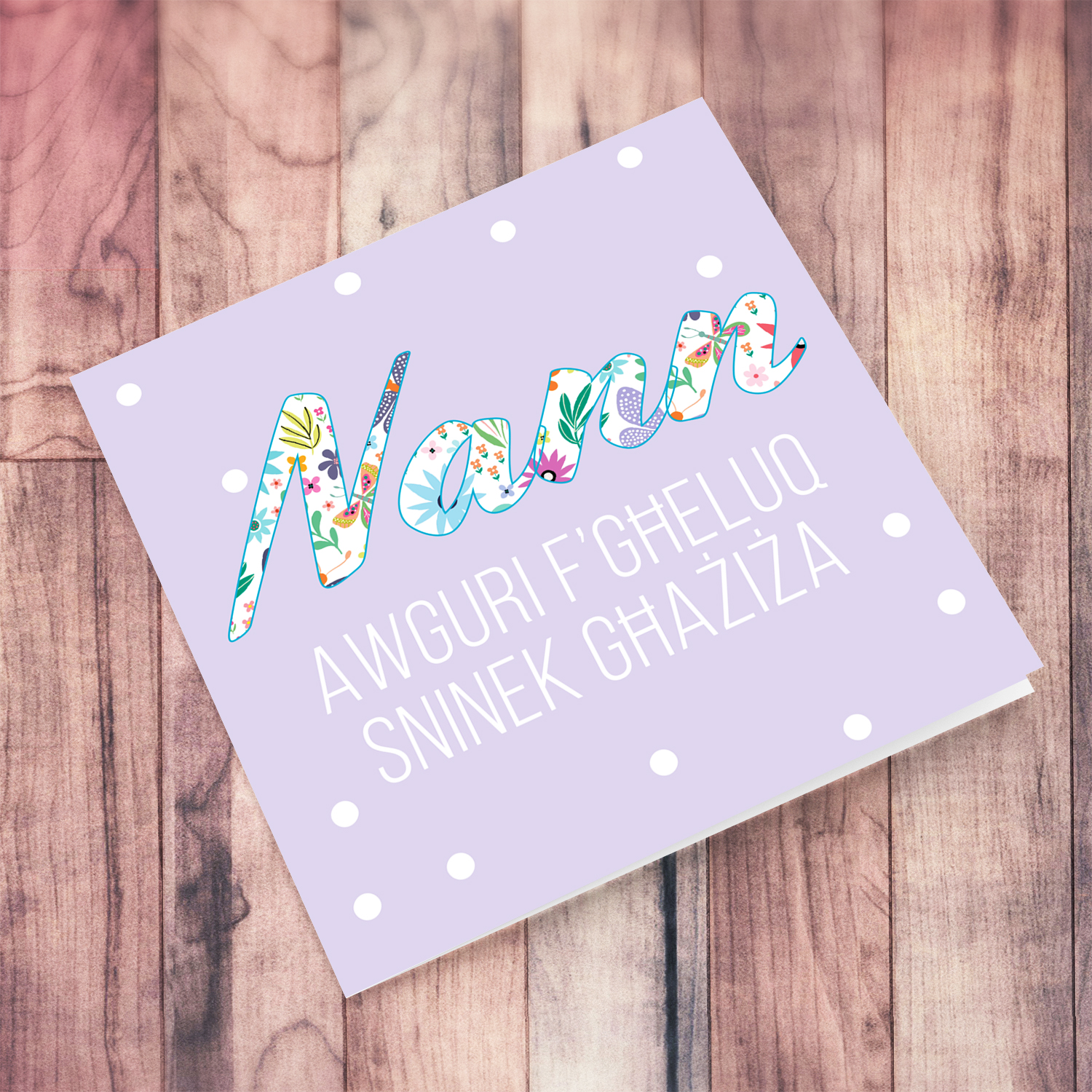 Flowery text birthday card for grandma in light purple background in Maltese