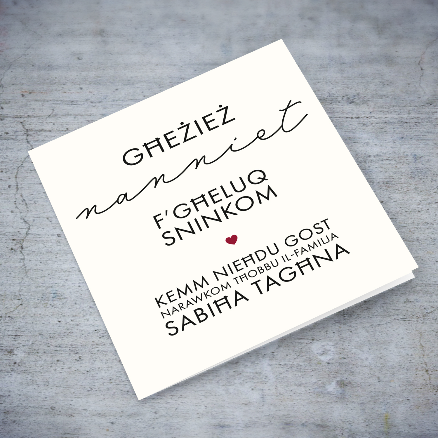Minimalist birthday card for grandparents with a special message featuring a red heart in Maltese