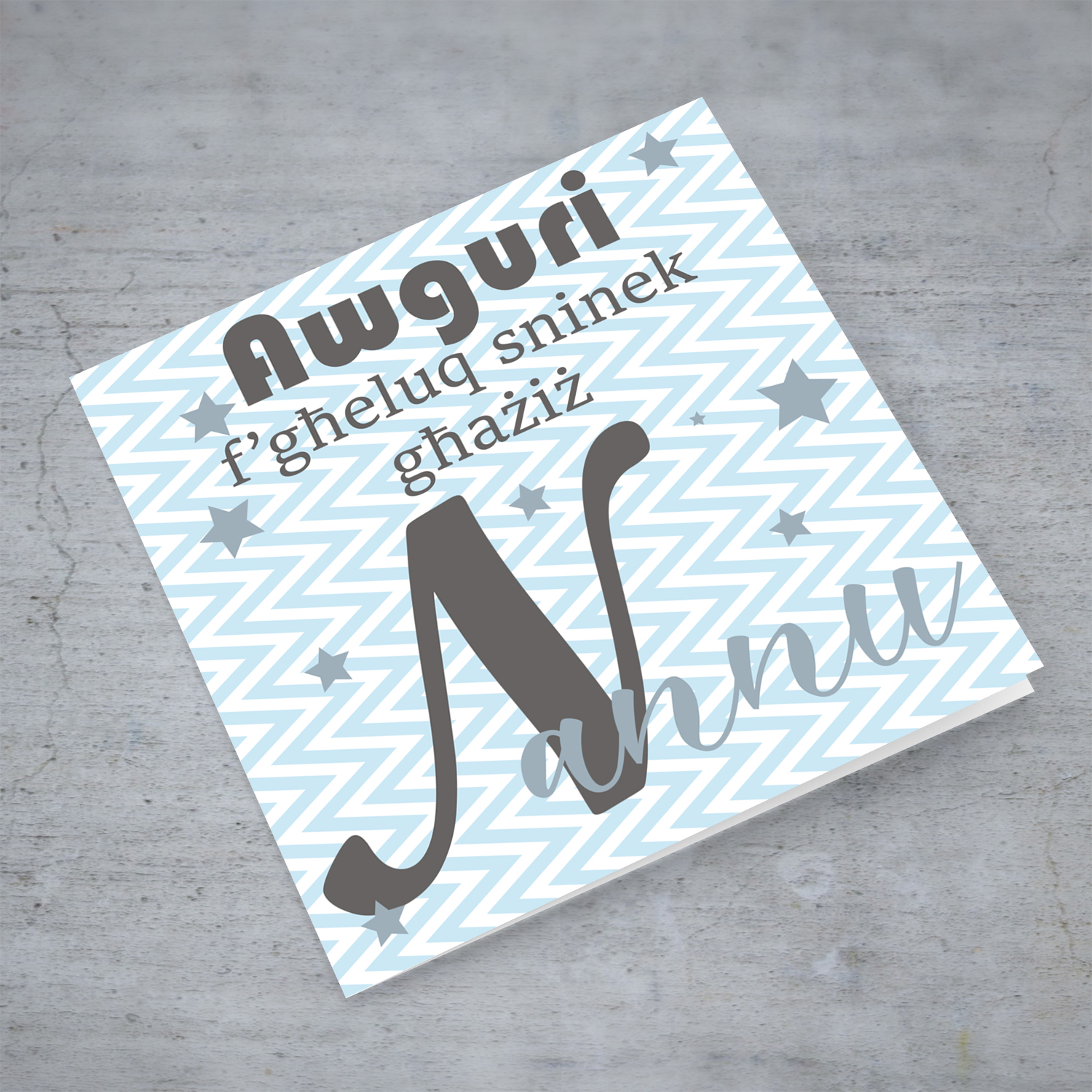 Blue with zigzag background and scattered stars birthday card for Grandpa in Maltese