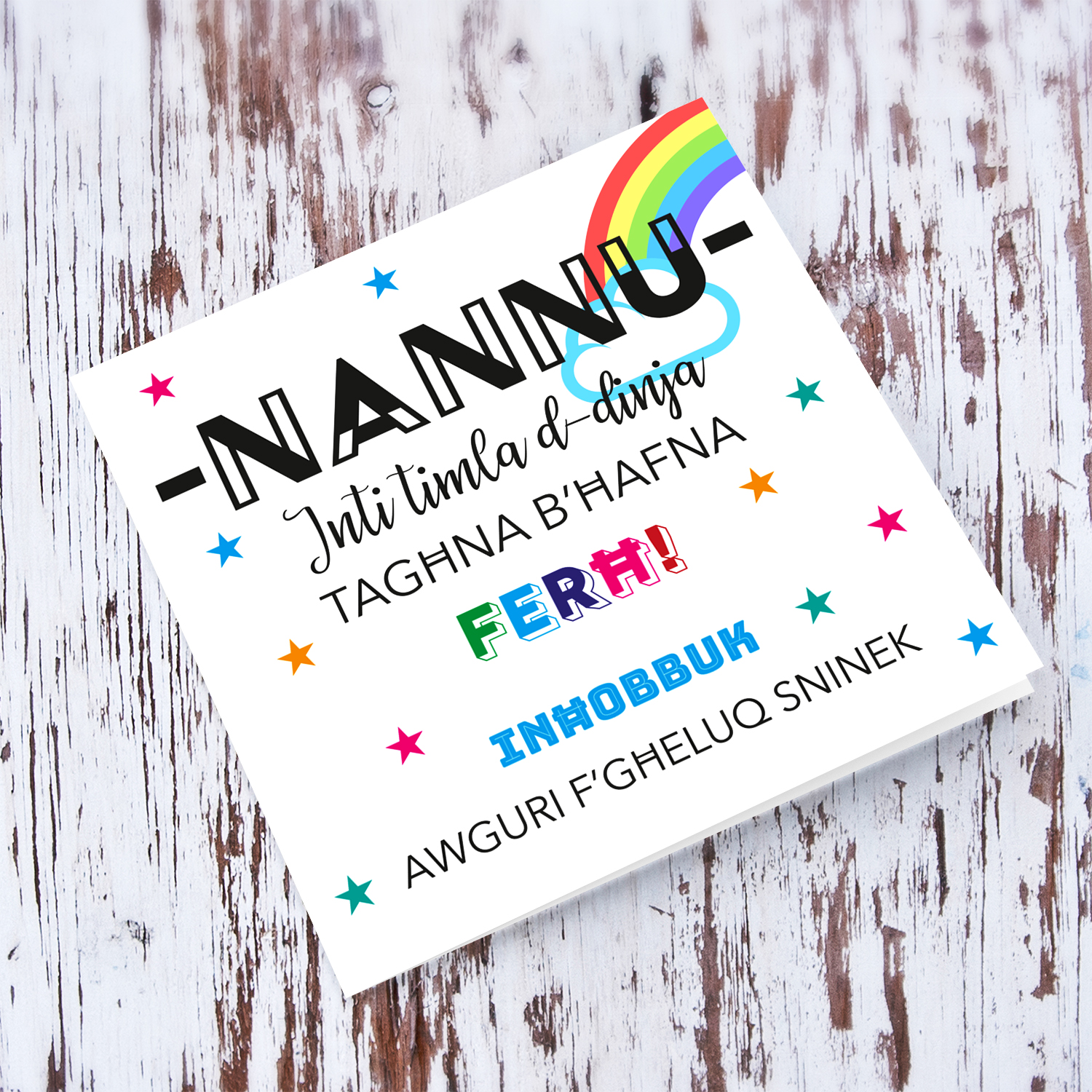 Rainbow and colourful birthday card for Nannu in Maltese