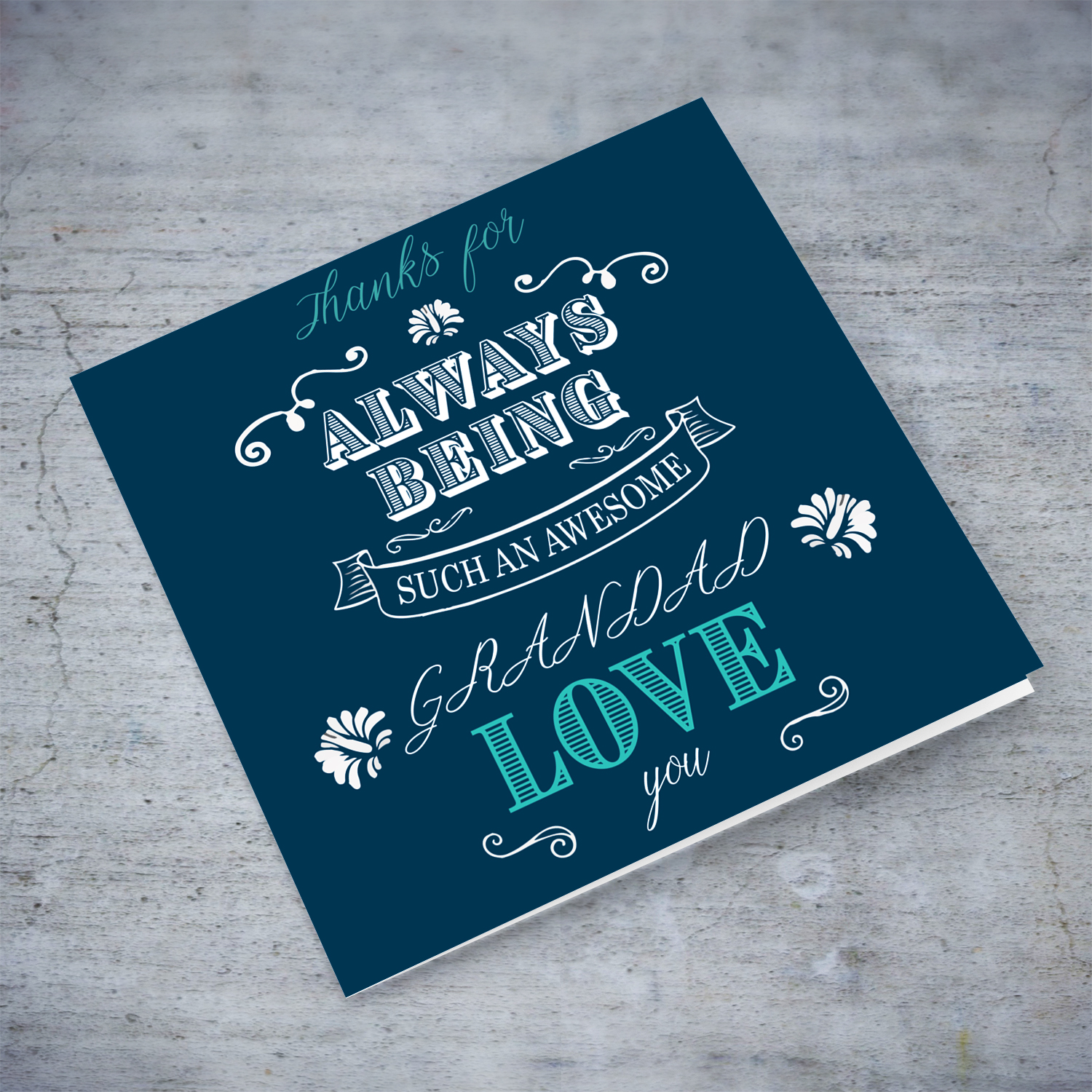 Grandad birthday card in dark blue background and white & light blue text in English