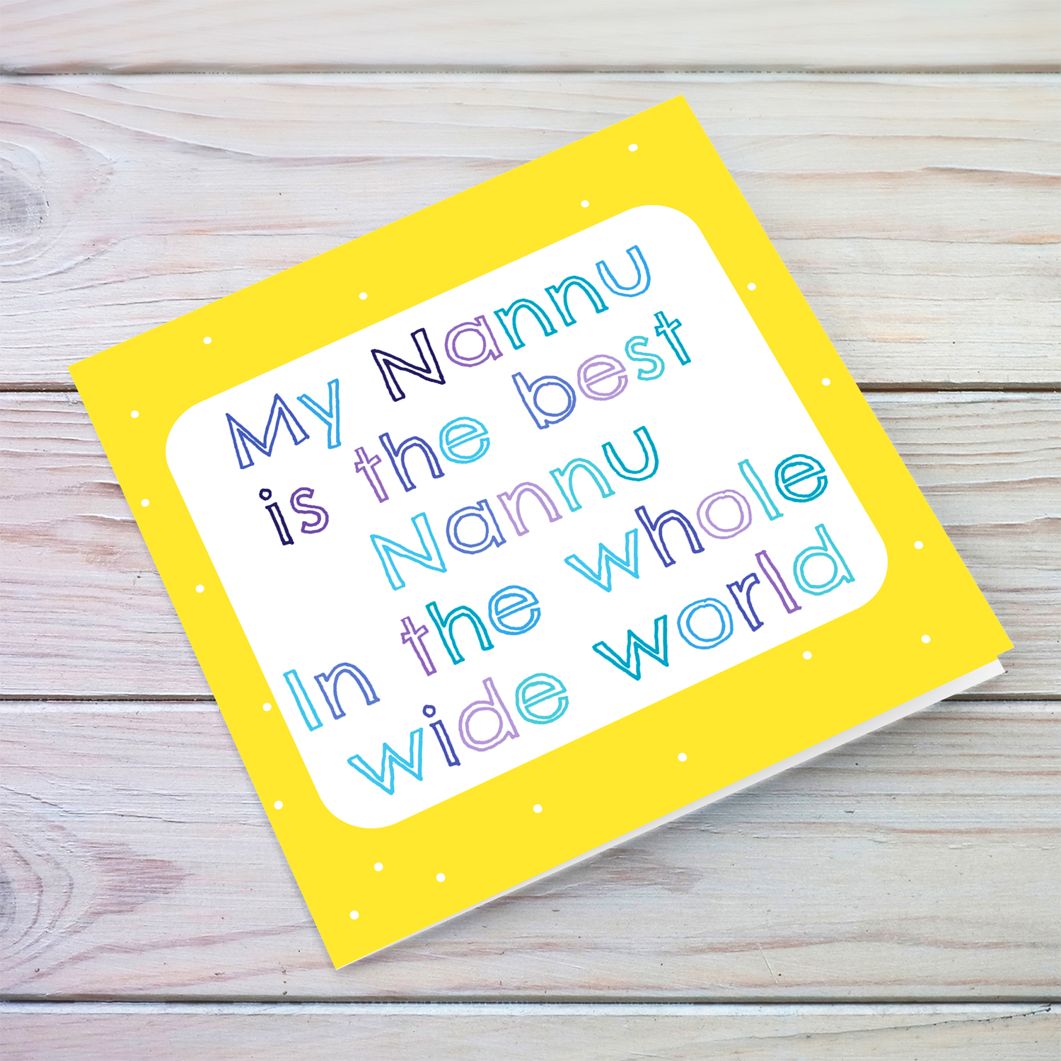 Colourful and fun yellow spotty background birthday card for Nannu in English