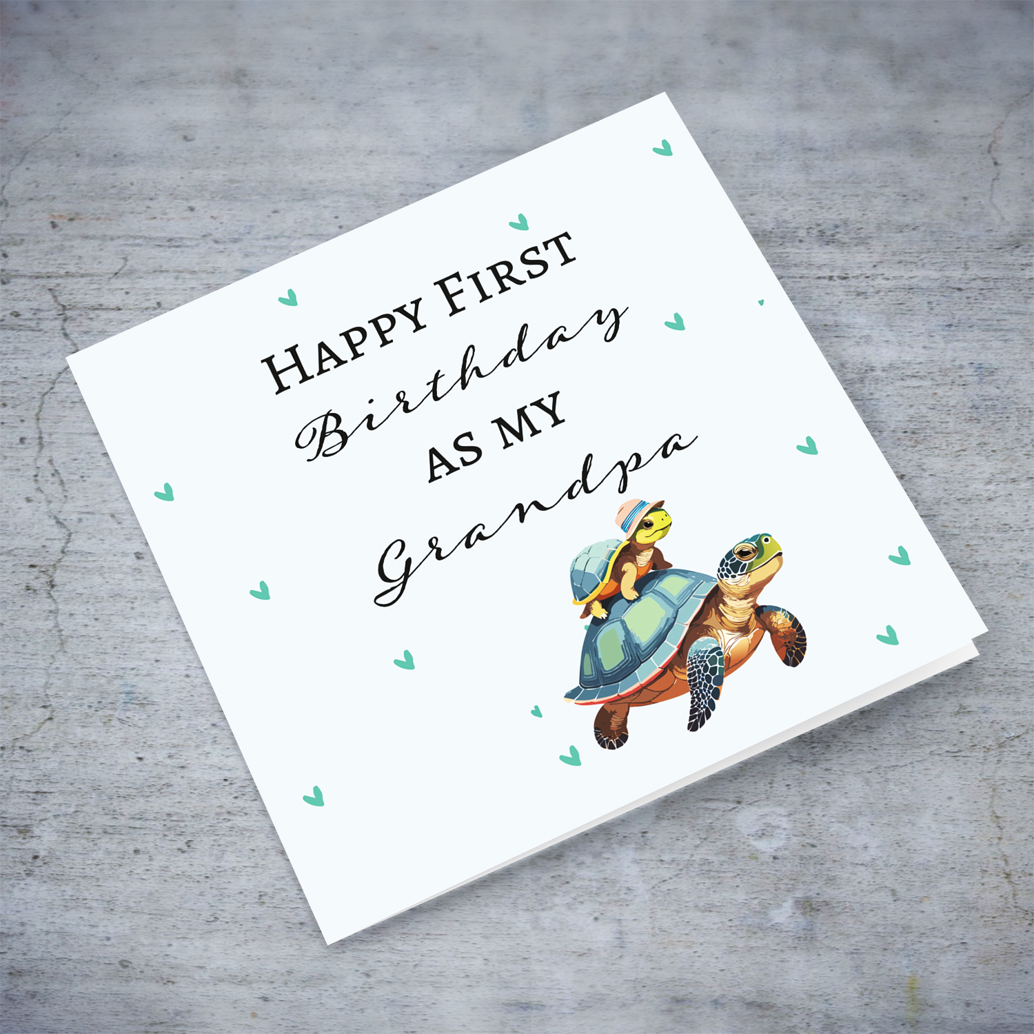 Happy First Birthday as my Grandpa - turtle themed birthday card with scattered green stars in English